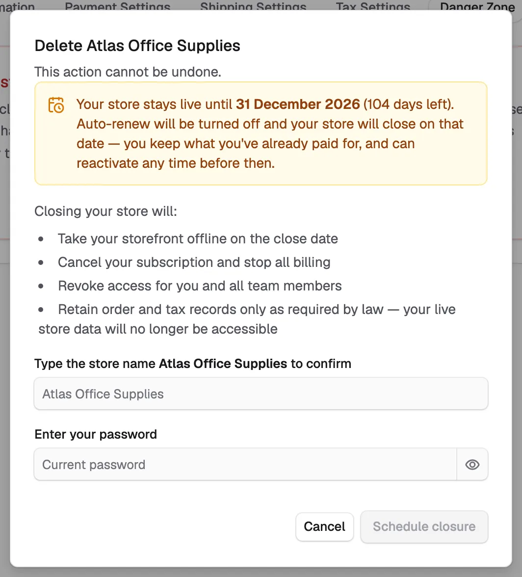 The closure dialog, with the store name and password fields and the Schedule closure button.