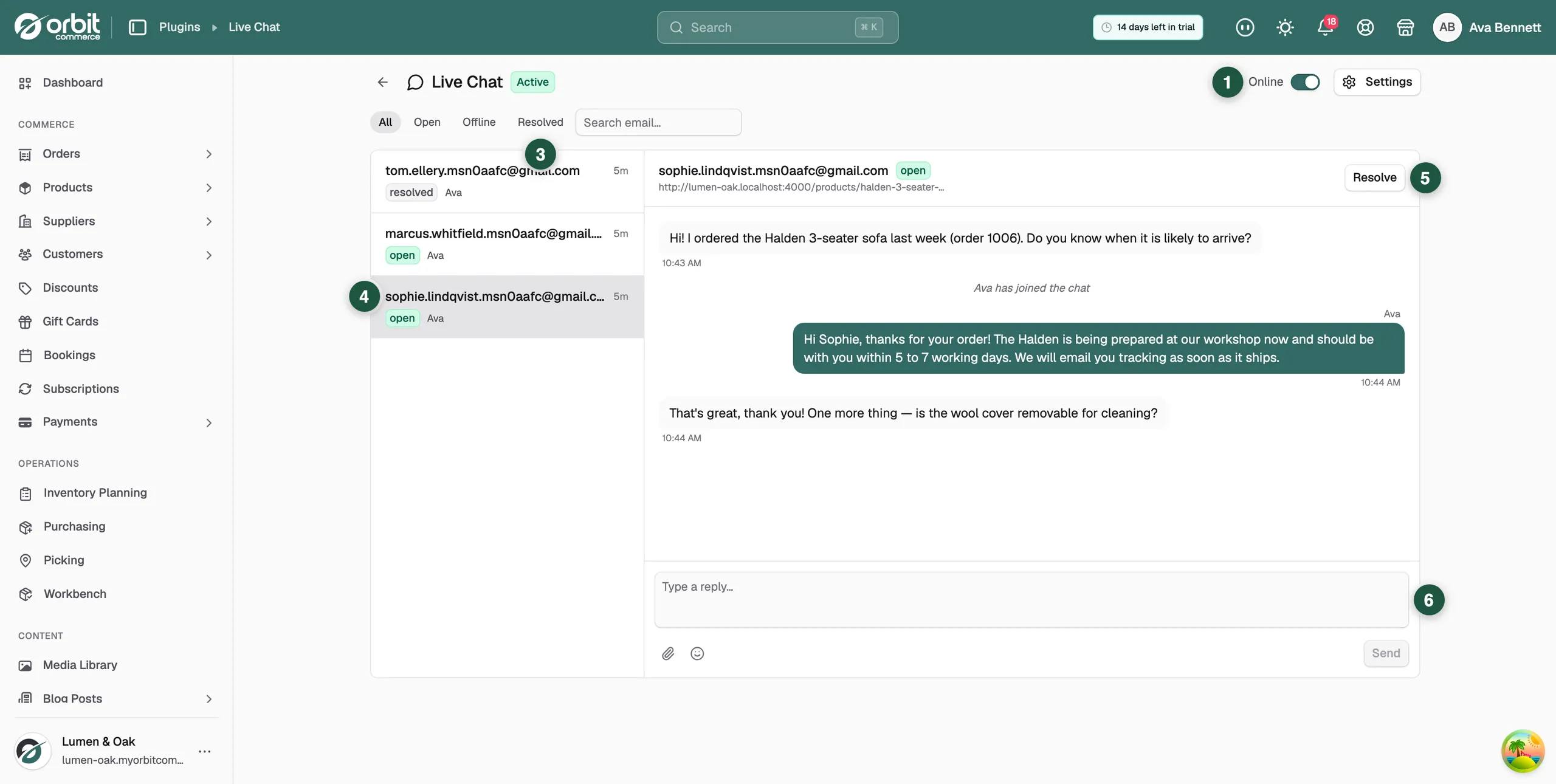 The Live Chat inbox, with the Online switch, the Settings button, the status filters, the conversation list and an open thread