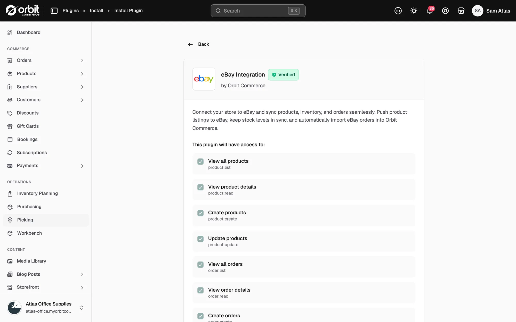 The eBay Integration details page listing the access the plugin is granted when you install it.