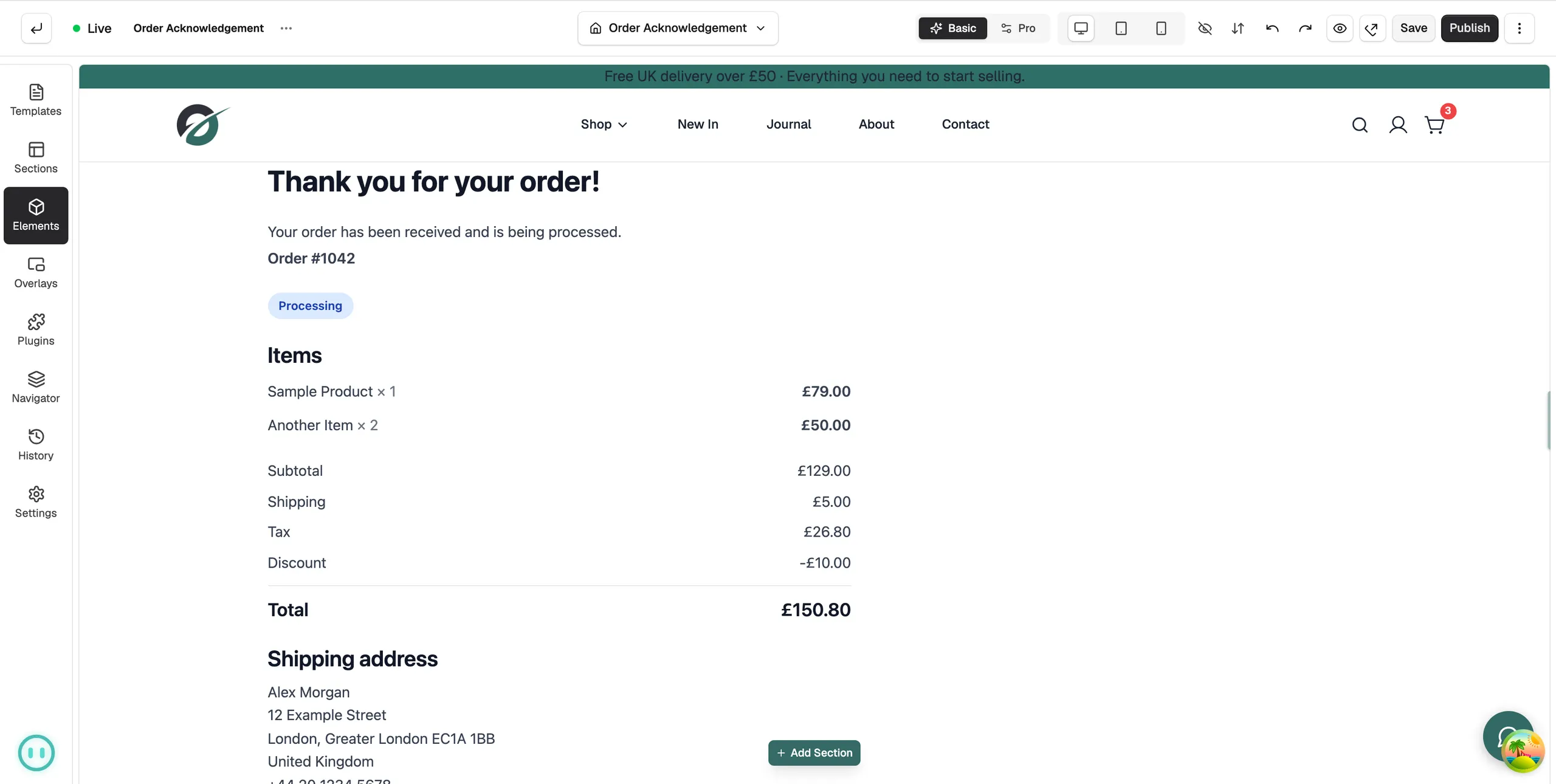 The order confirmation template open in the page builder