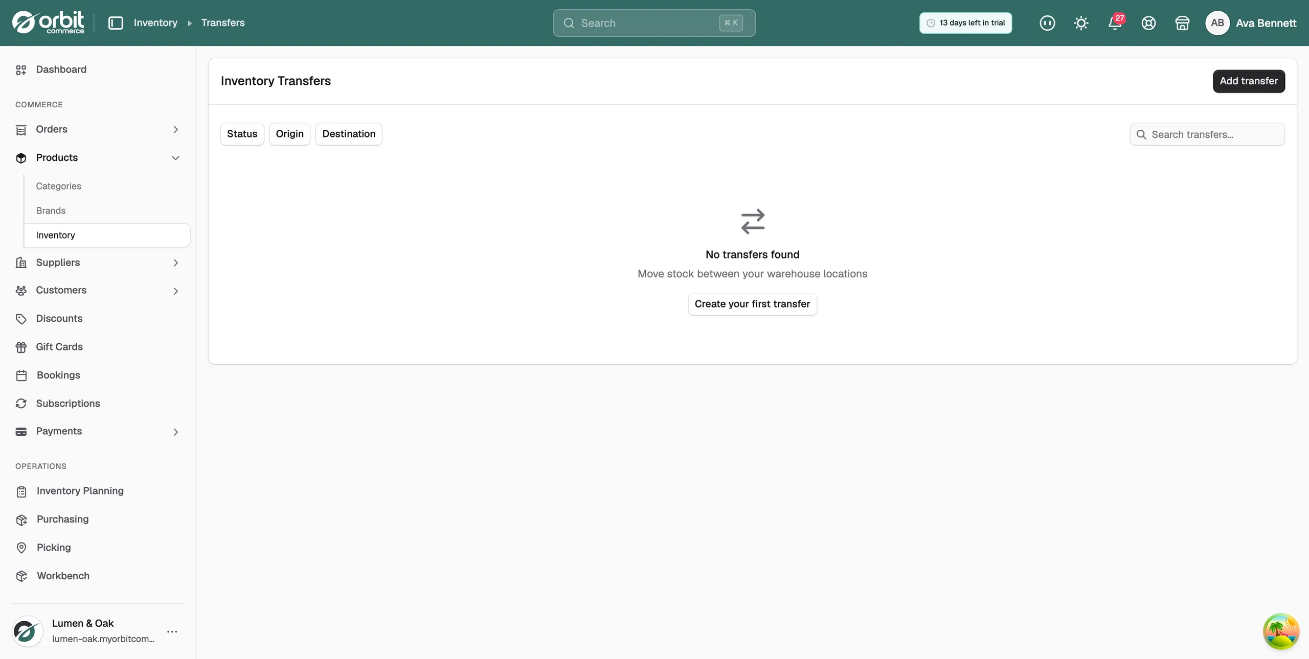 The Inventory Transfers page, with the Status, Origin and Destination filters, the Add transfer button and a table of transfers