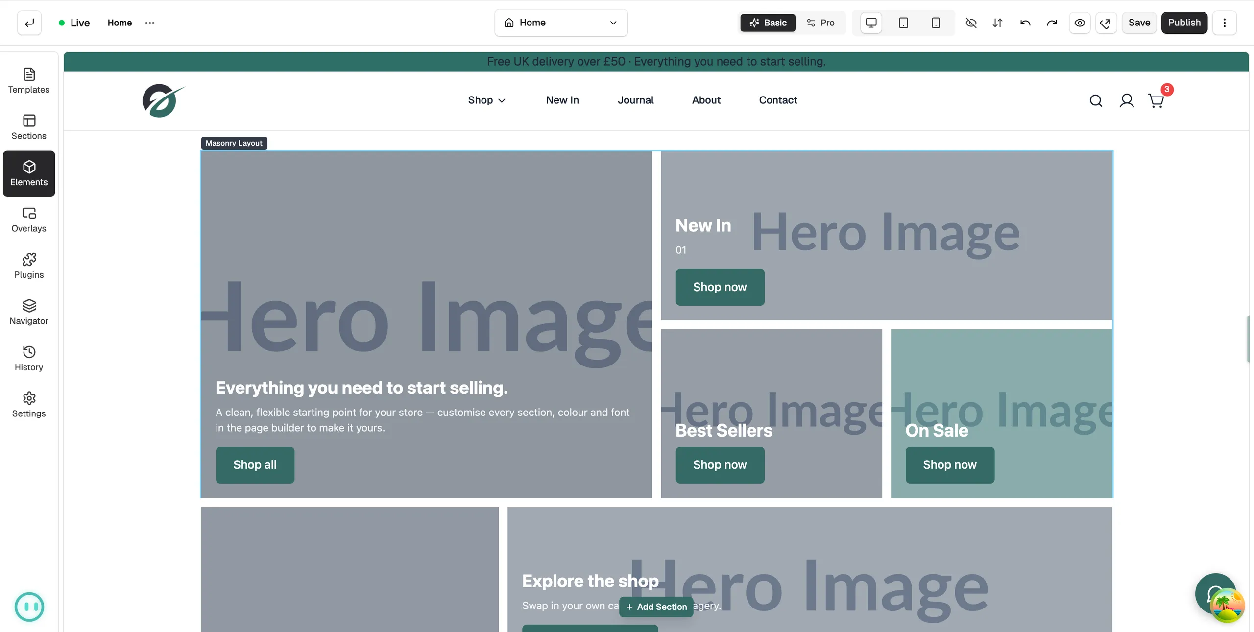 The page builder open on a homepage, with the toolbox on the left, the canvas in the middle and the settings panel on the right