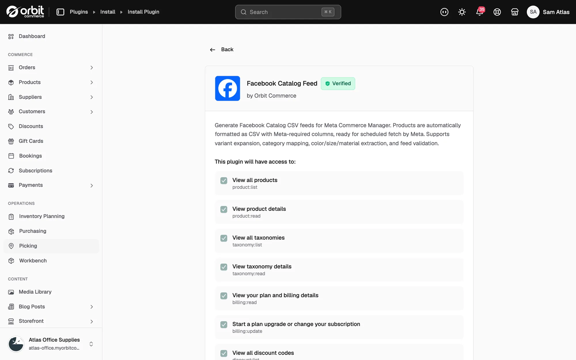 The Facebook Catalog Feed details page listing the access the plugin is granted when you install it.