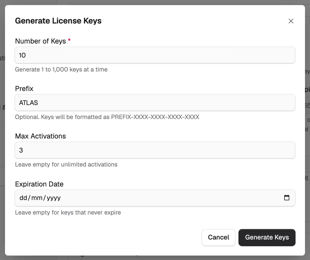 The Generate License Keys box with the number of keys, a prefix and an activation limit filled in.