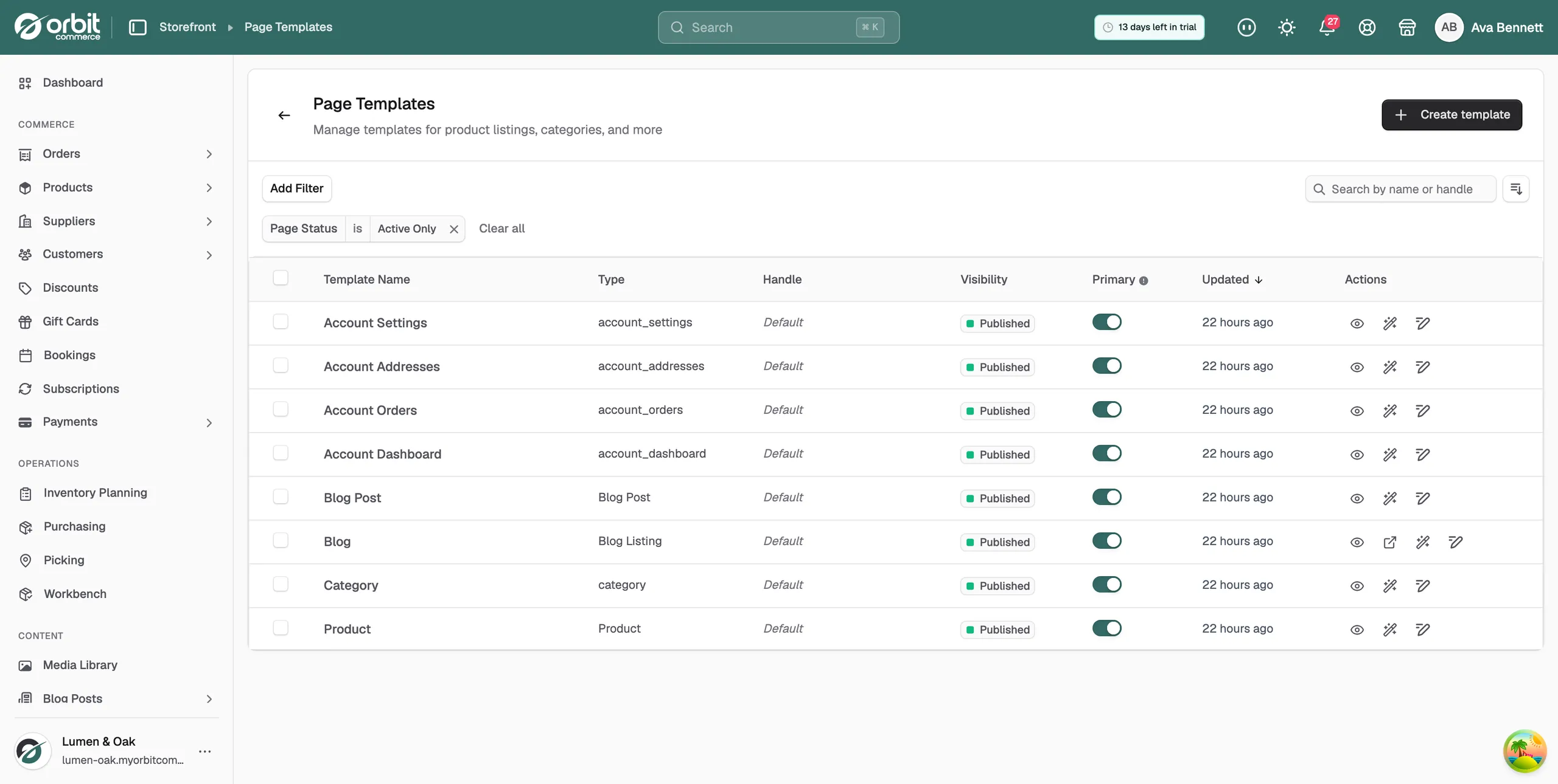 The Templates panel open in the page builder toolbox, with template cards and the View all templates button
