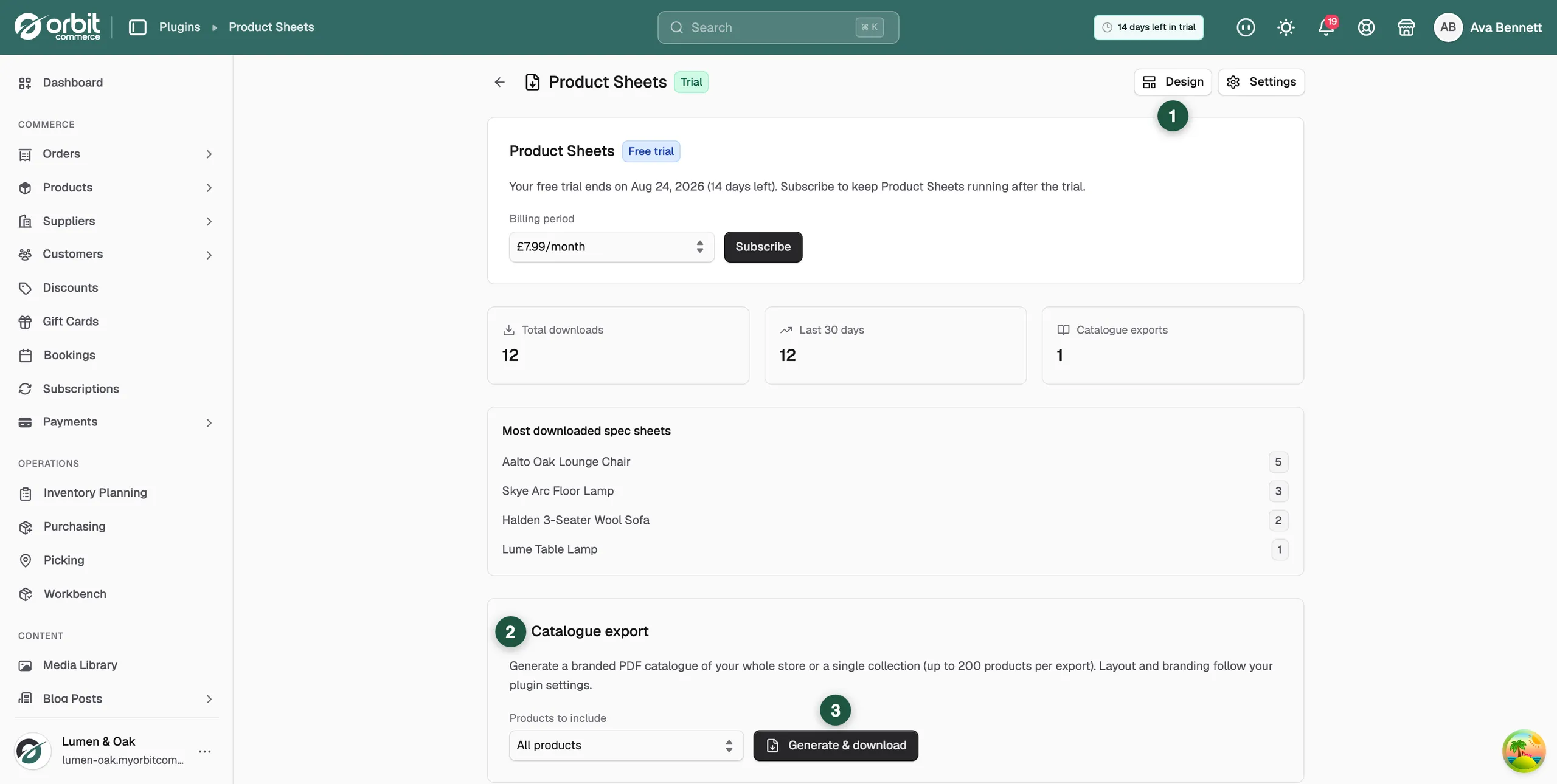 The Product Sheets plugin page, showing download counts, the catalogue export tool and the most downloaded spec sheets