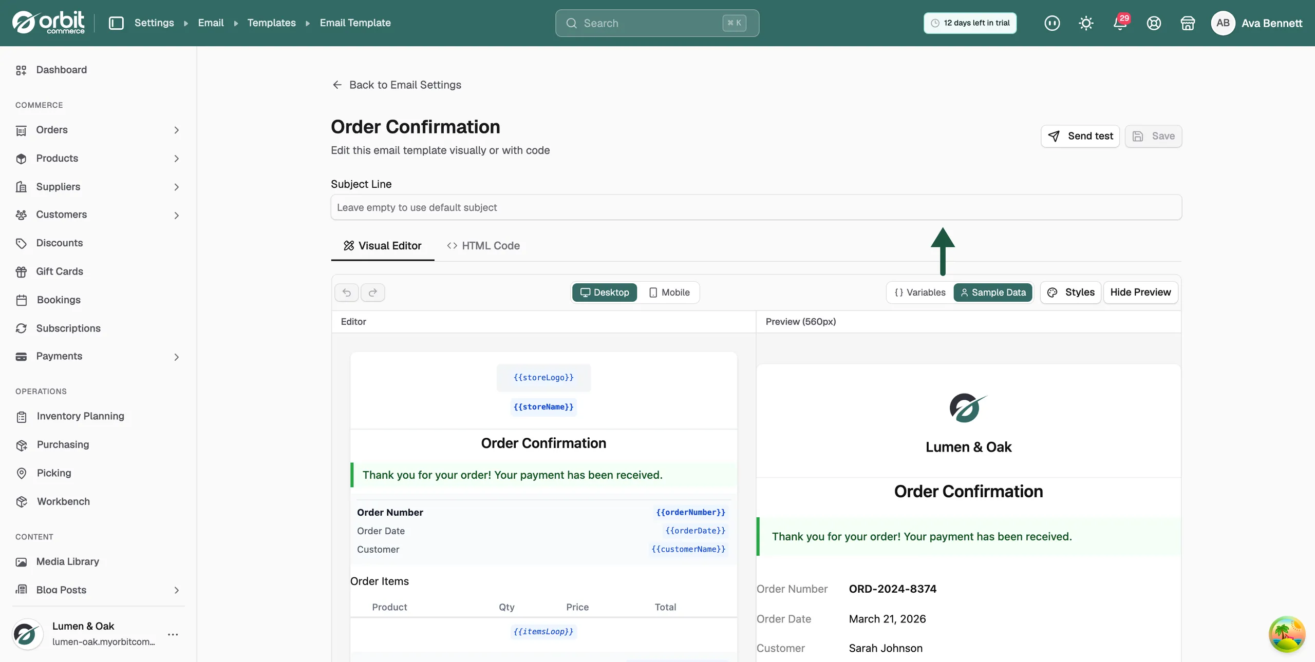 The template editor, with the subject line, the editor tabs and the live preview beside the content
