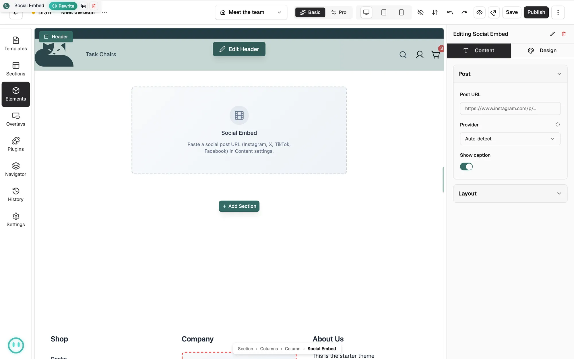 The Social Embed placeholder on the canvas with the Post settings open.