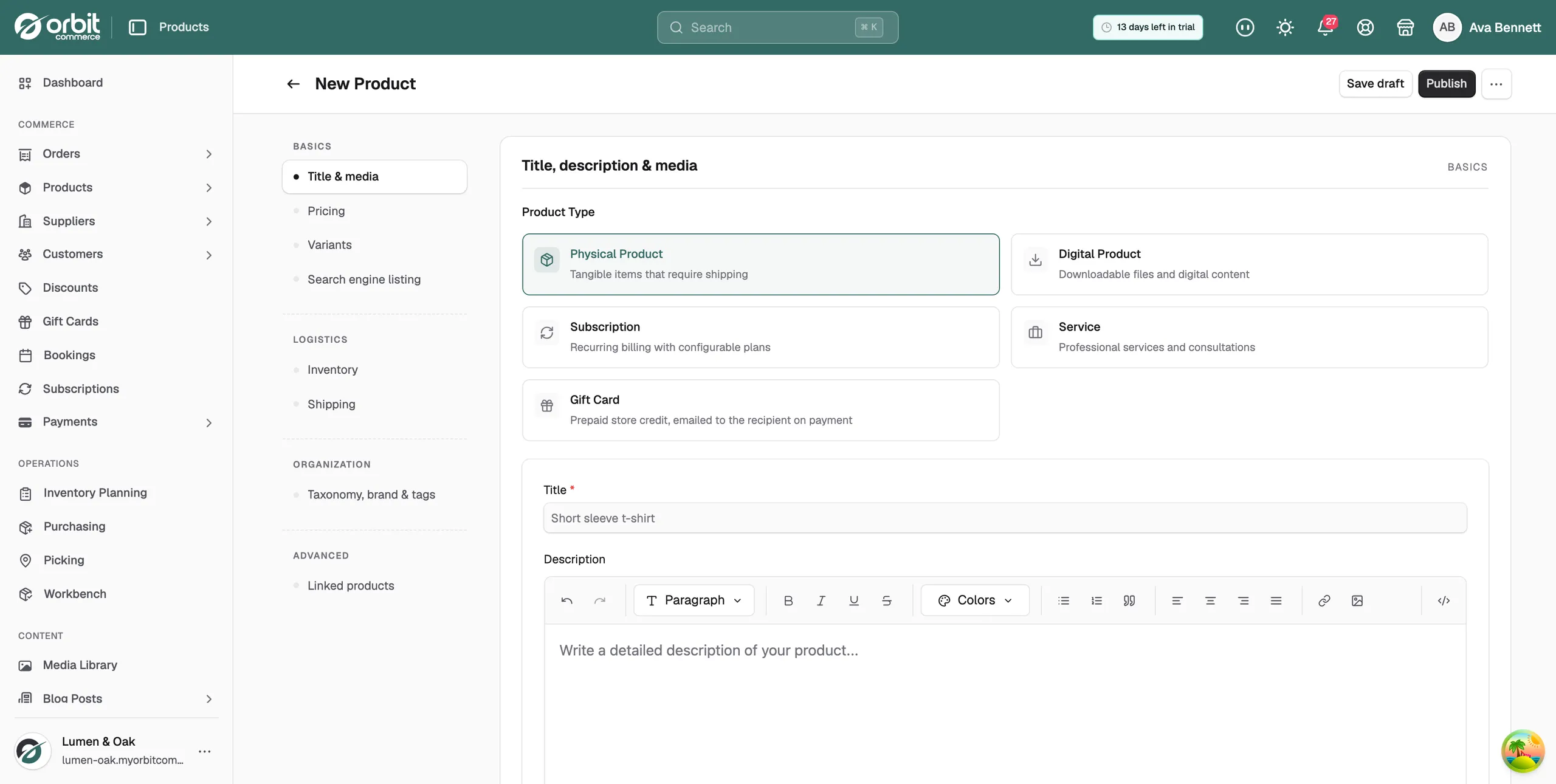 The New Product page with the Product Type cards, the Title field and the Description editor, and the Save draft and Publish buttons at the top right