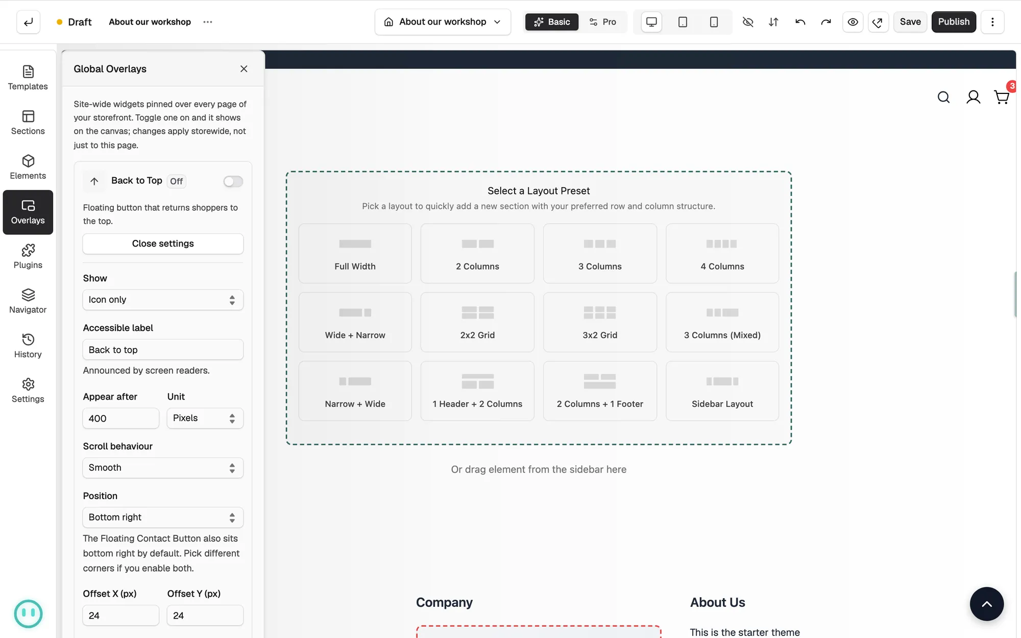 The Back to Top settings with Show, Accessible label, Appear after, Scroll behaviour and Position.