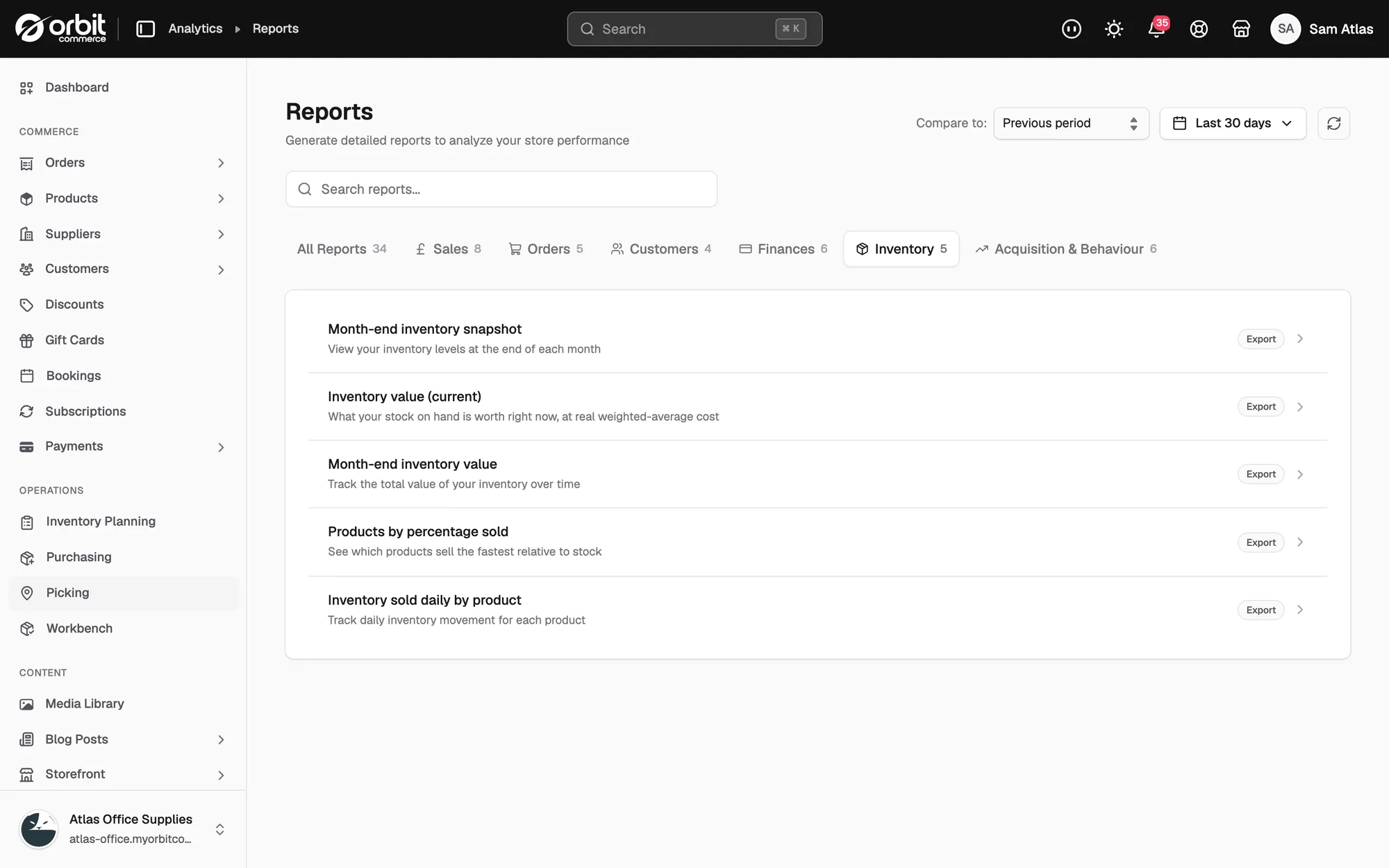 The Reports page on the Inventory tab, with Inventory value (current) in the list.