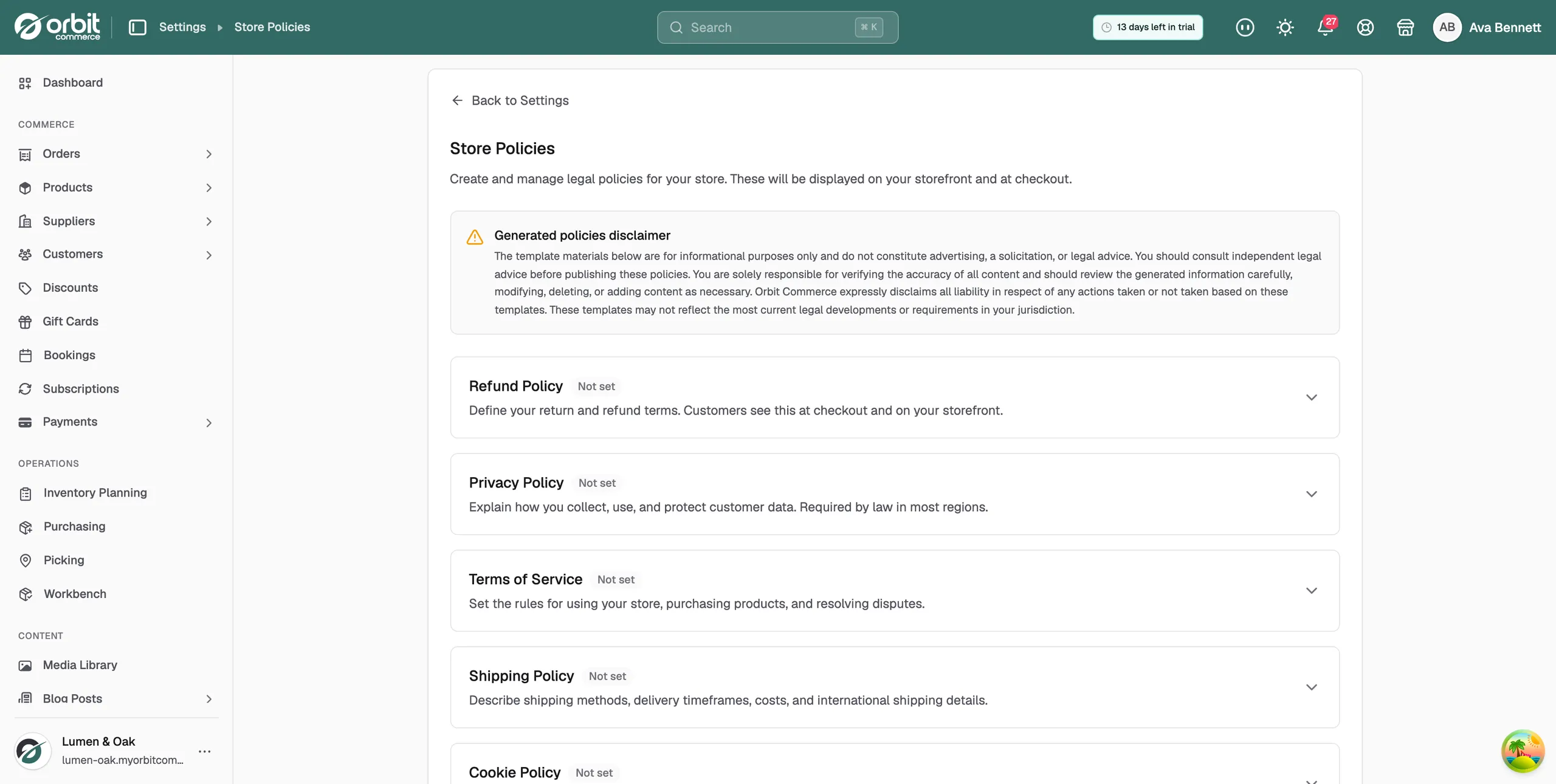 The Store Policies page with the disclaimer and the list of policy cards