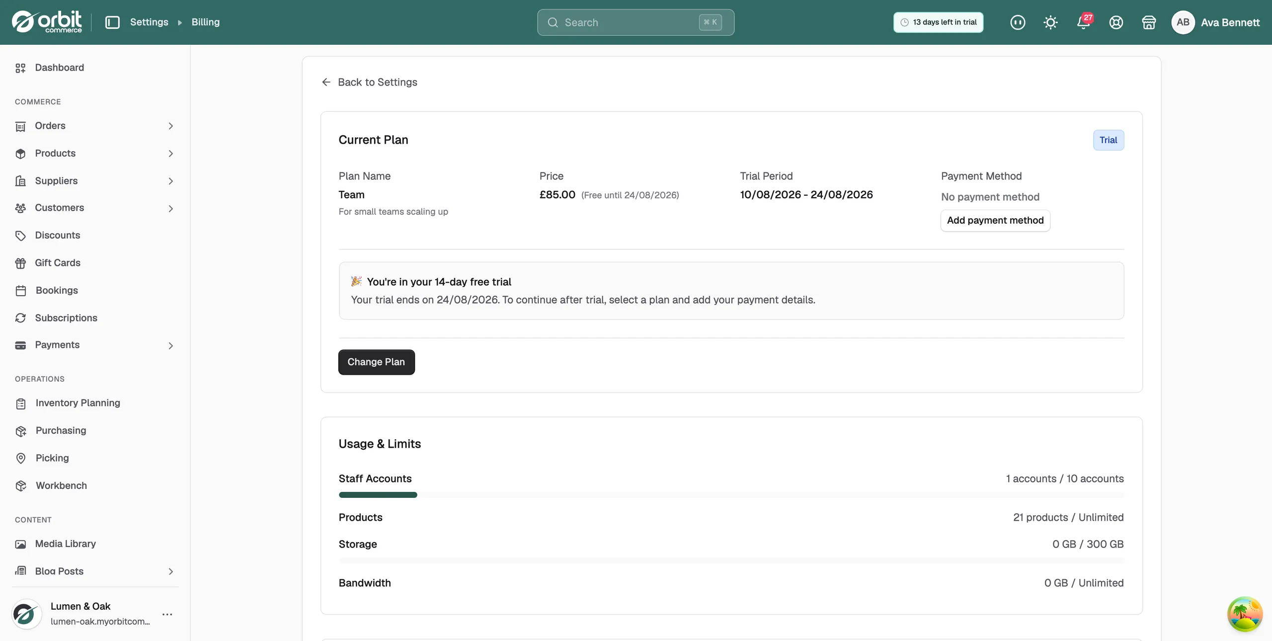 The Plan and Billing page, showing the Current Plan card above the Usage and Limits card