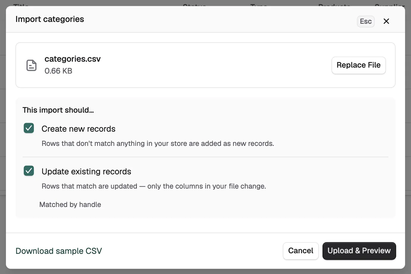 The Import categories box with a file added and both import options ticked.