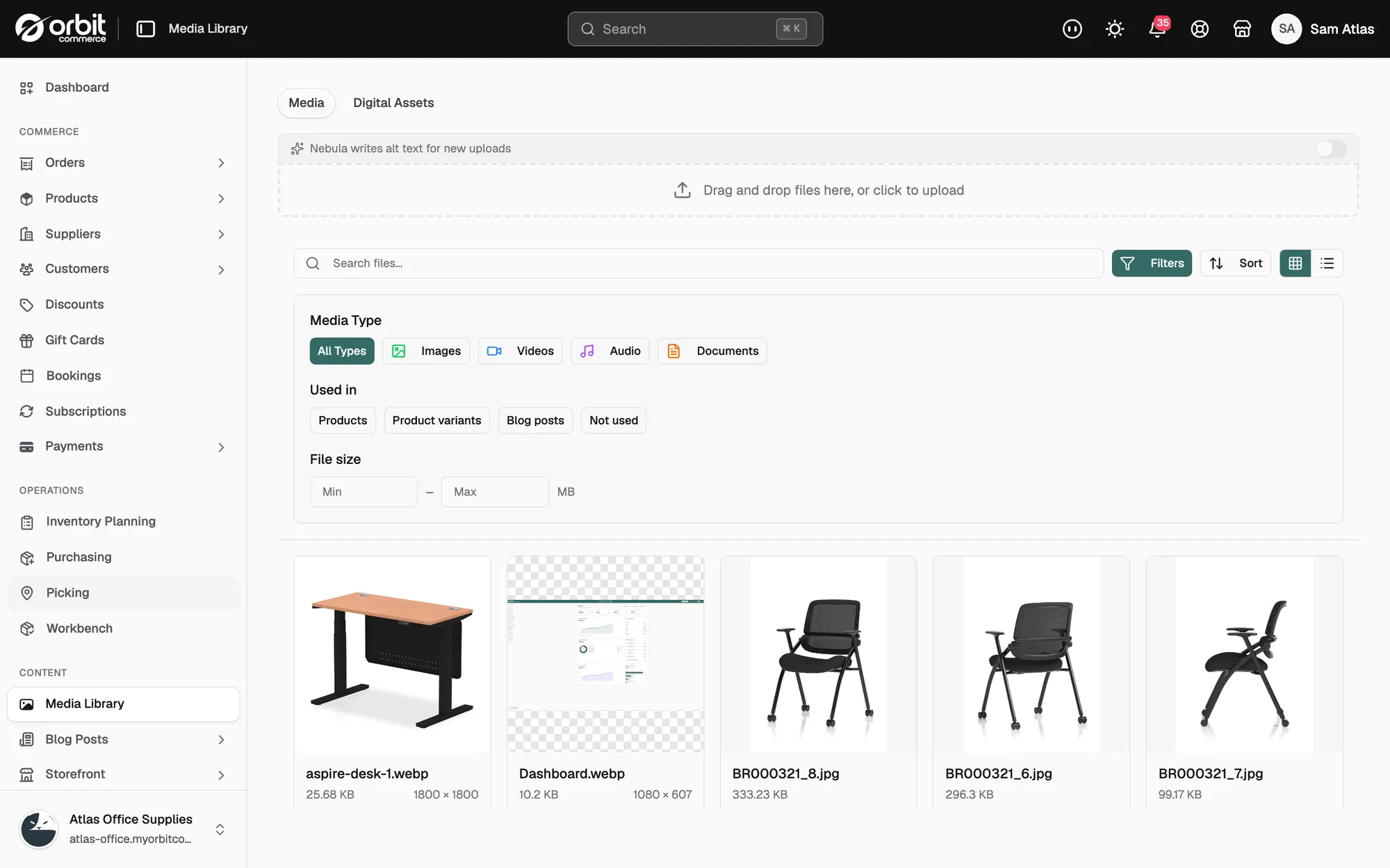 The Filters panel open on the Media tab, showing the Media Type, Used in and File size groups.