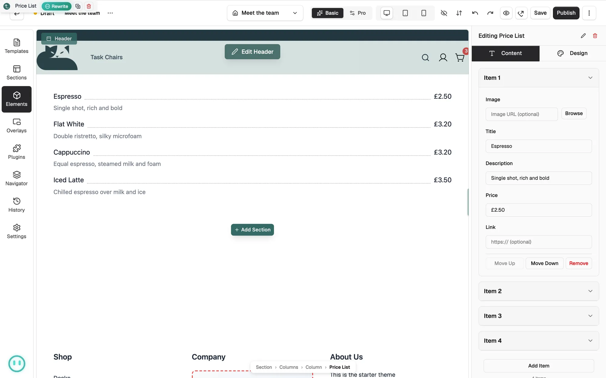 A Price List on the canvas with Item 1 open on the Content tab.