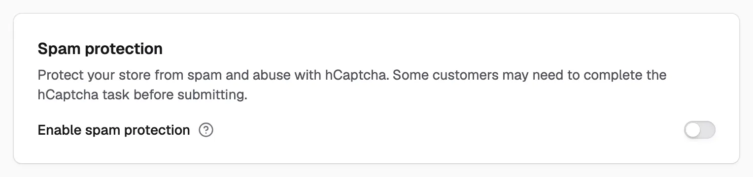 The Spam protection section of Storefront preferences, with the switch that turns hCaptcha on and off.