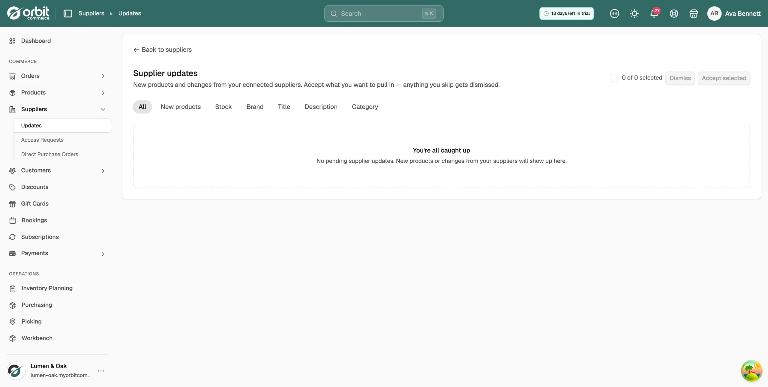The Supplier updates page, with the filter chips across the top and updates grouped under each supplier