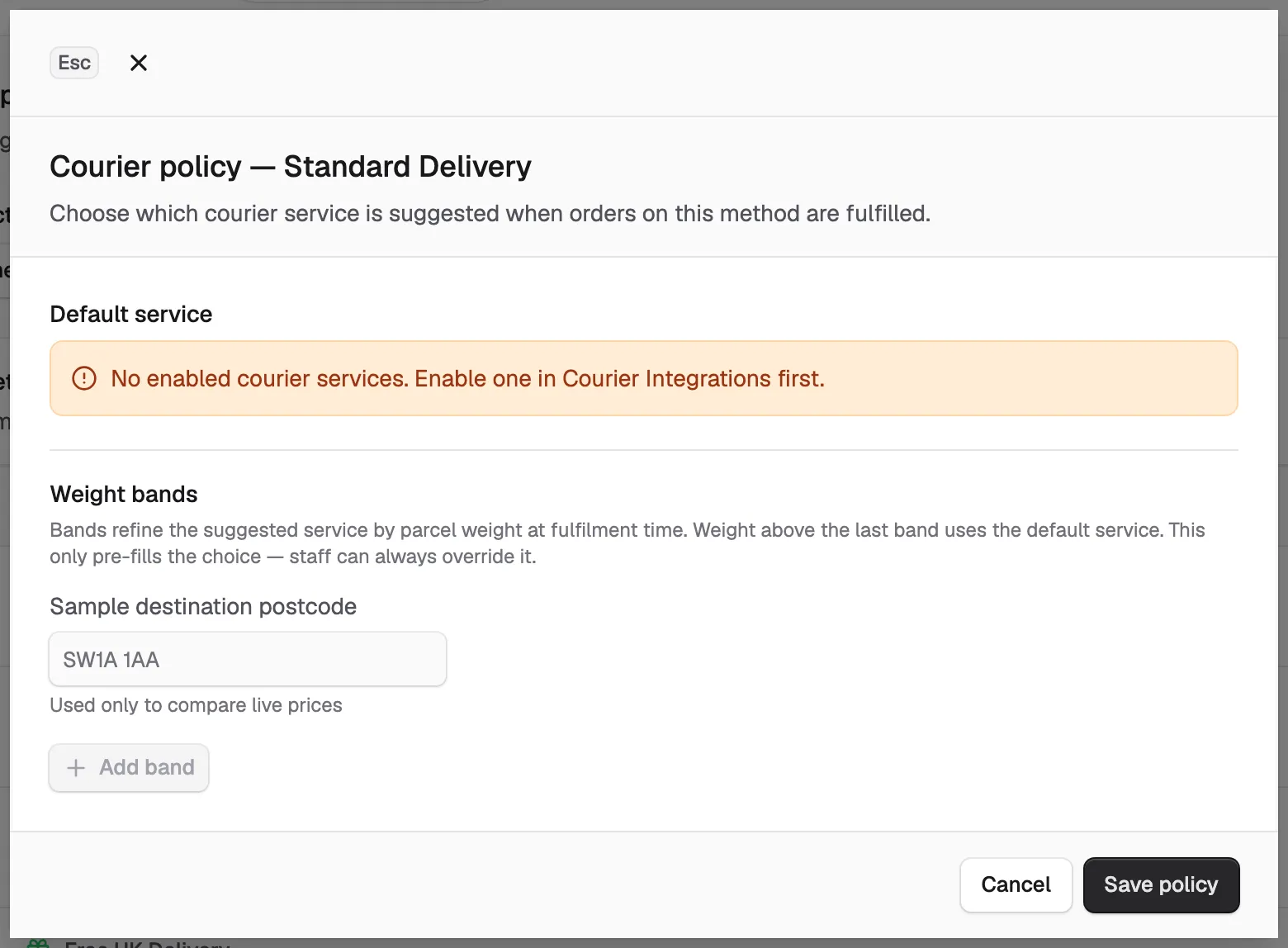 The Courier policy window for a shipping method on a store with no courier account connected yet.