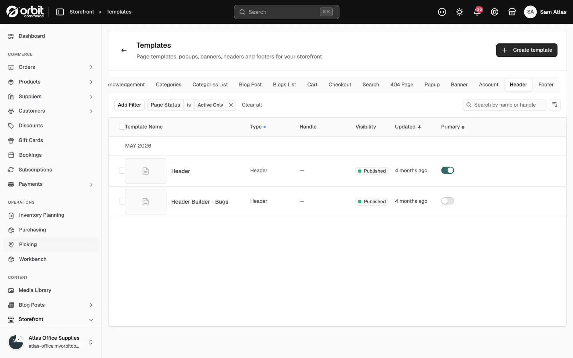 The Header tab of the Templates page listing the header templates with their visibility and primary switches.
