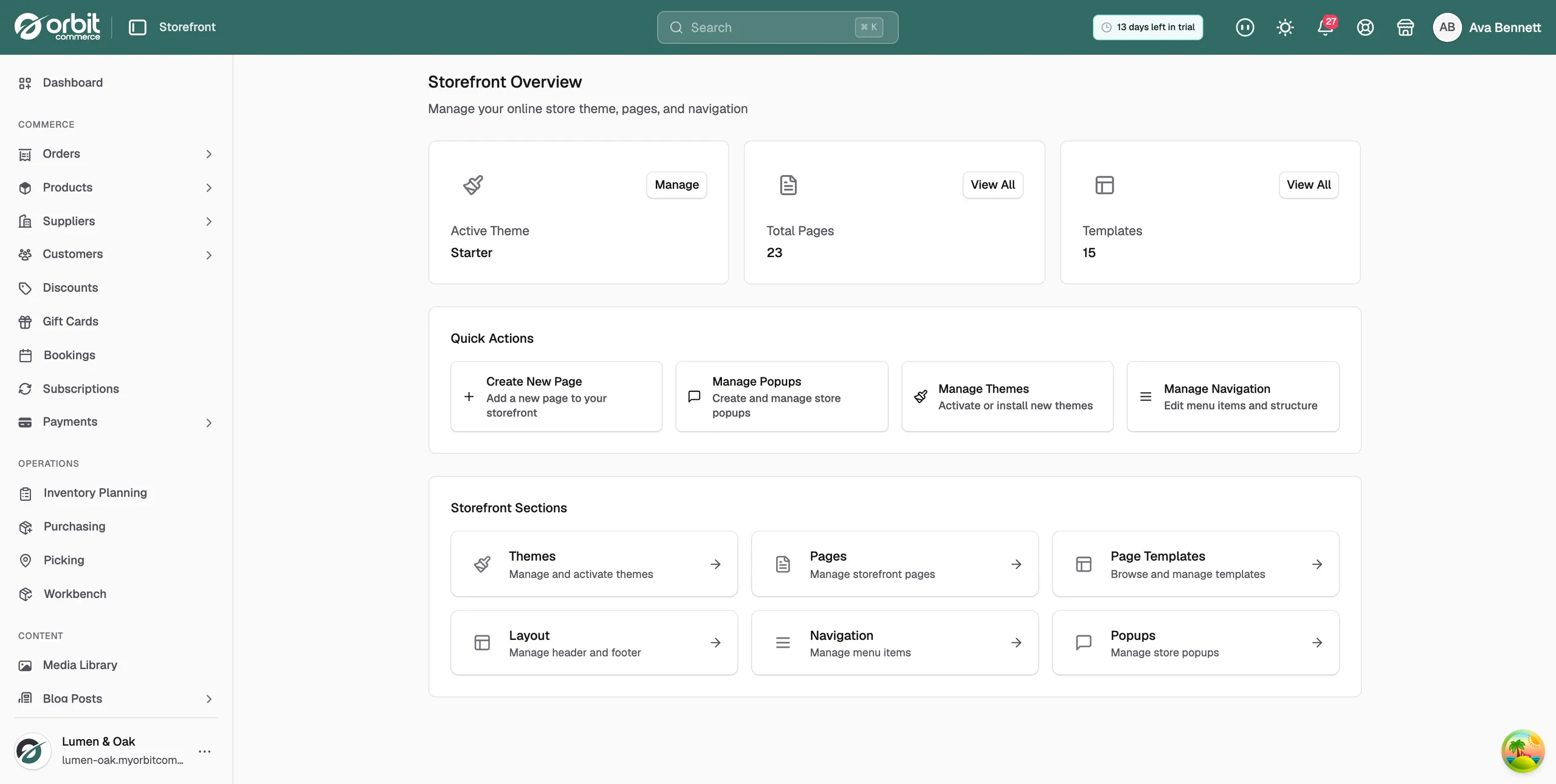 The Storefront Overview page, showing the Active Theme, Total Pages and Templates cards above the Quick Actions panel