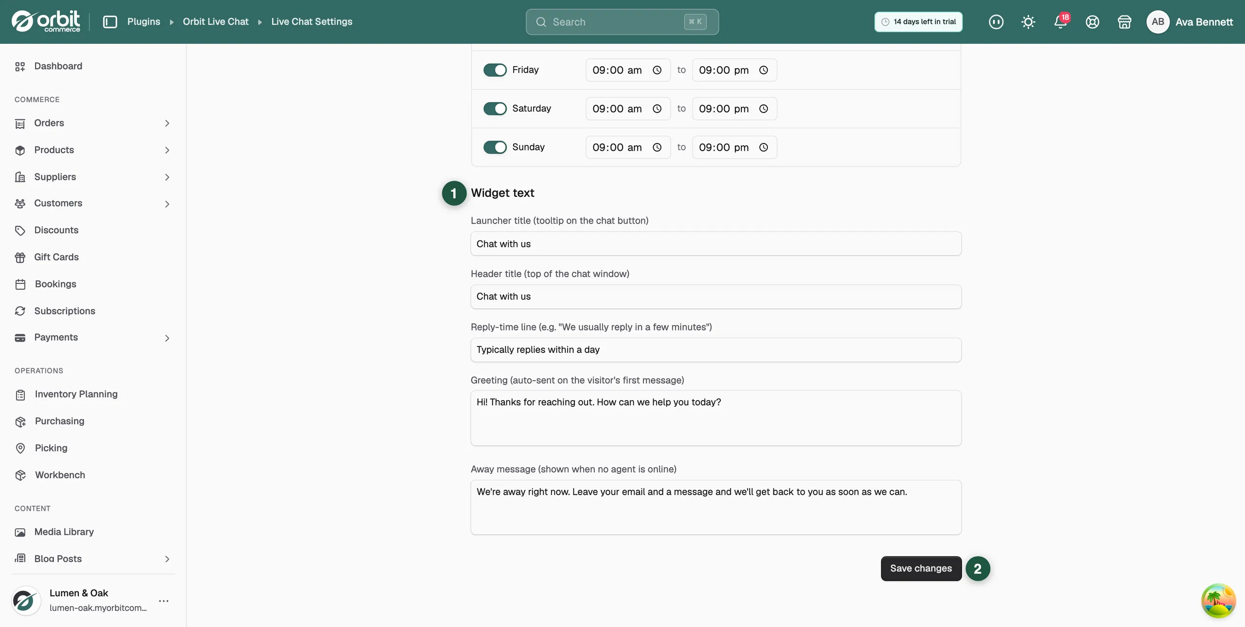 The Widget text section, with fields for the launcher title, header title, reply-time line, greeting and away message