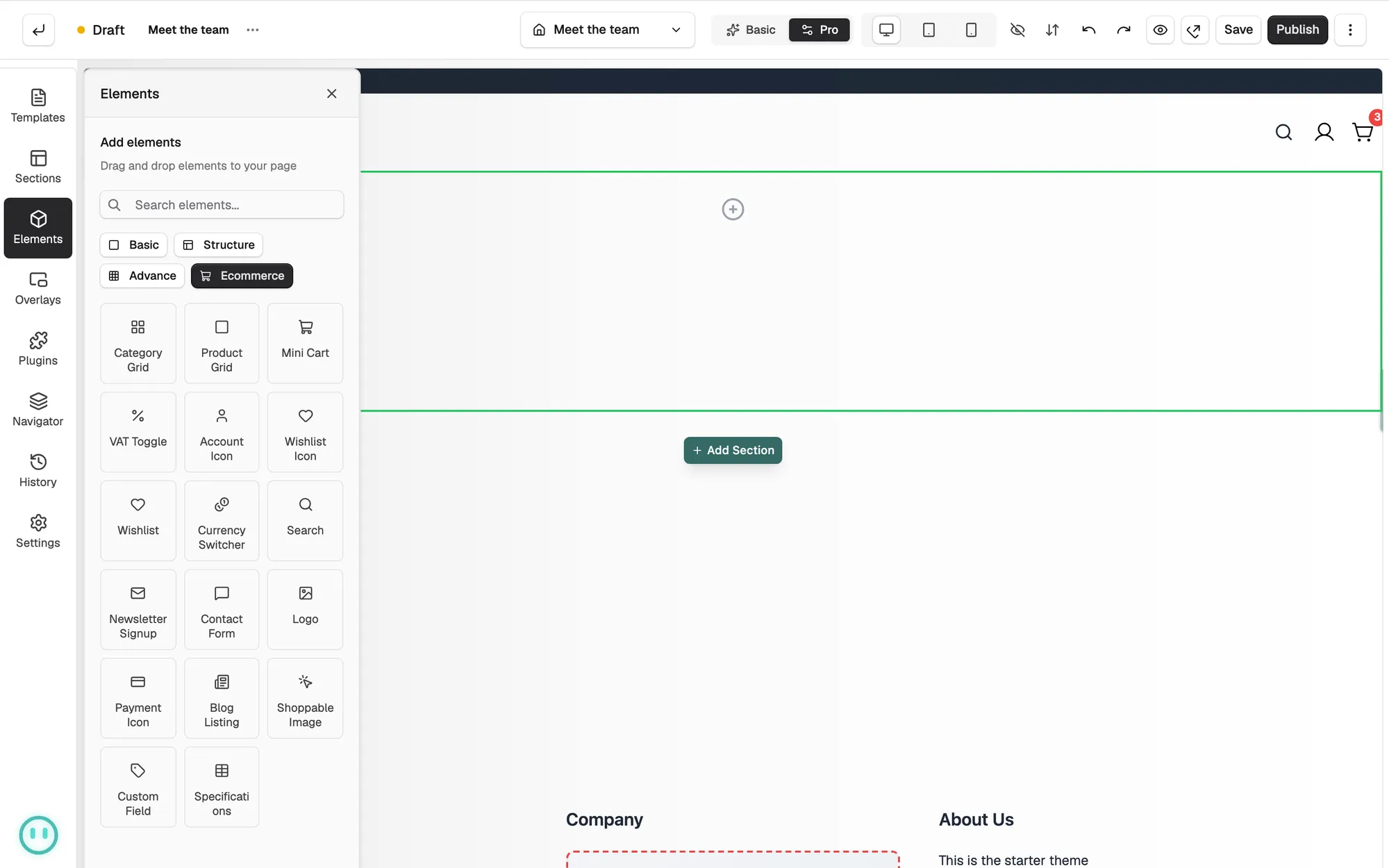 The Ecommerce group of the Elements panel, with VAT Toggle, Wishlist Icon, Wishlist and Currency Switcher.