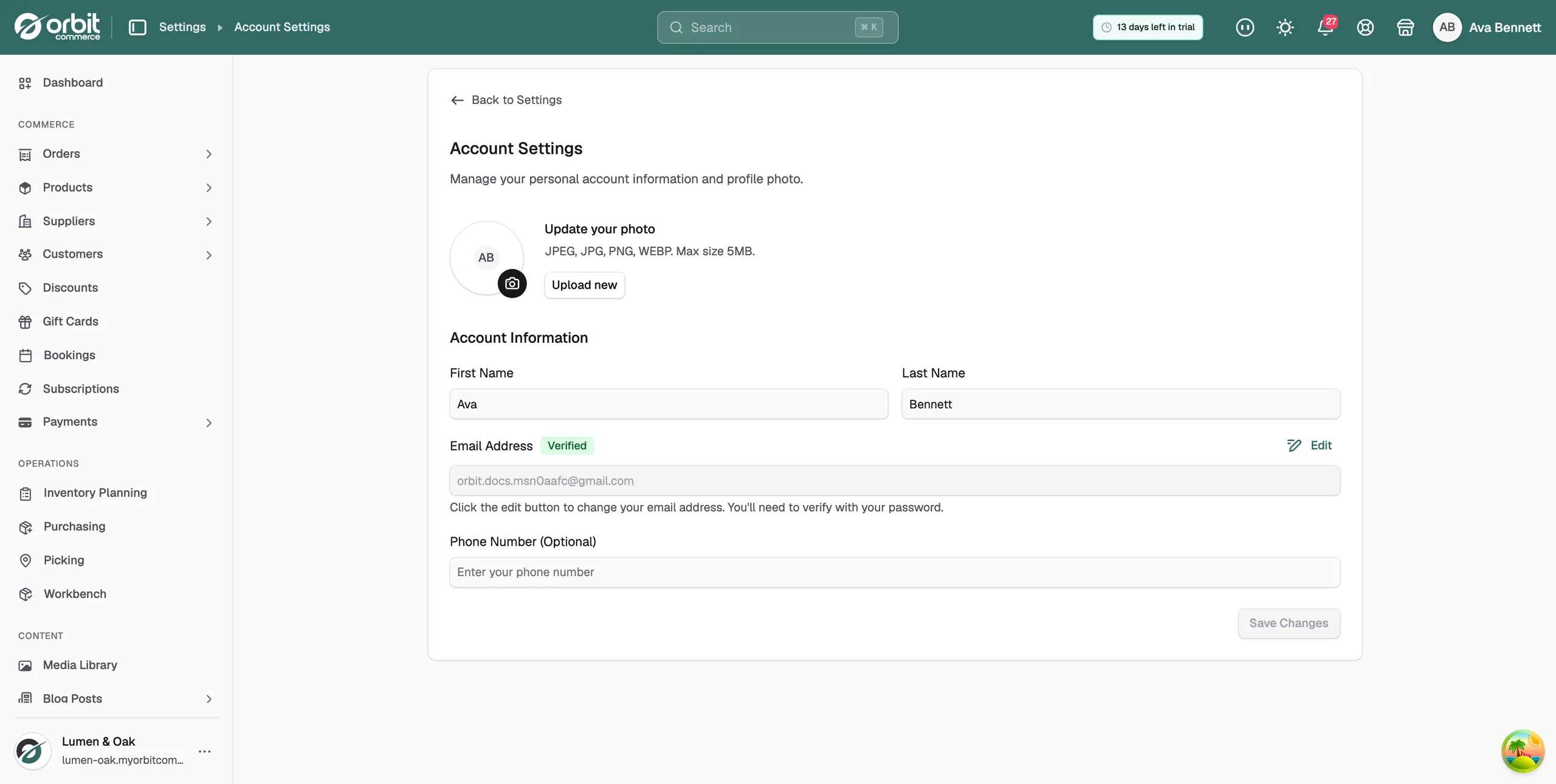 The Account Settings page, showing the profile photo block above the Account Information fields