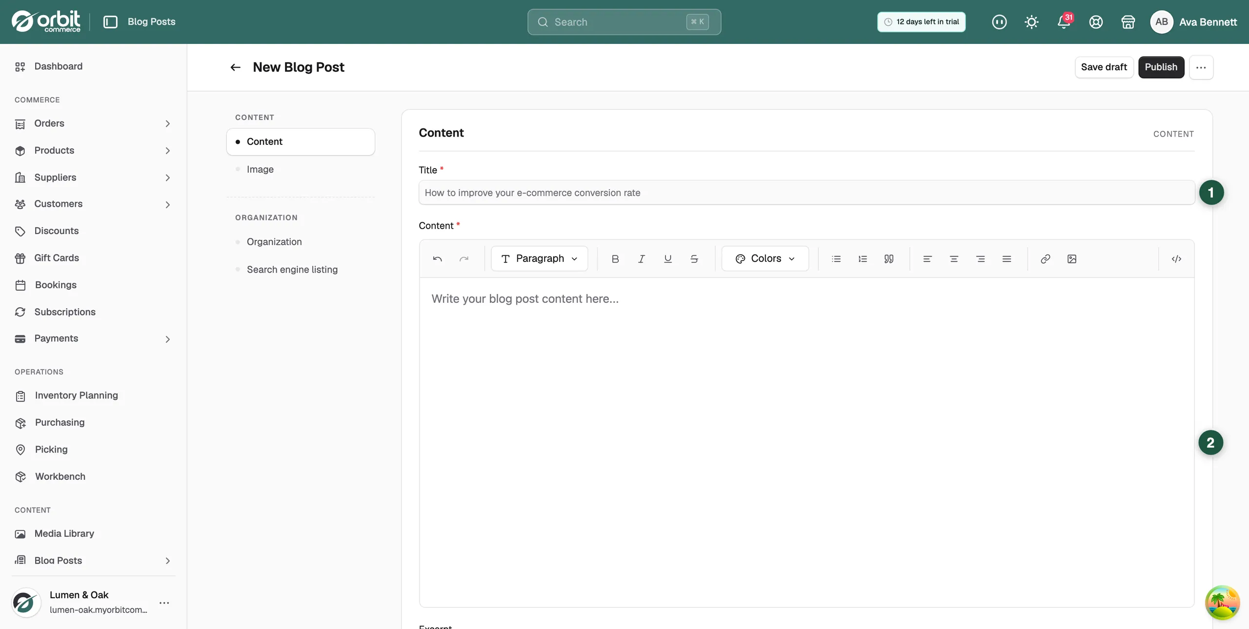 The Content card of a new blog post, with the Title field and the content editor