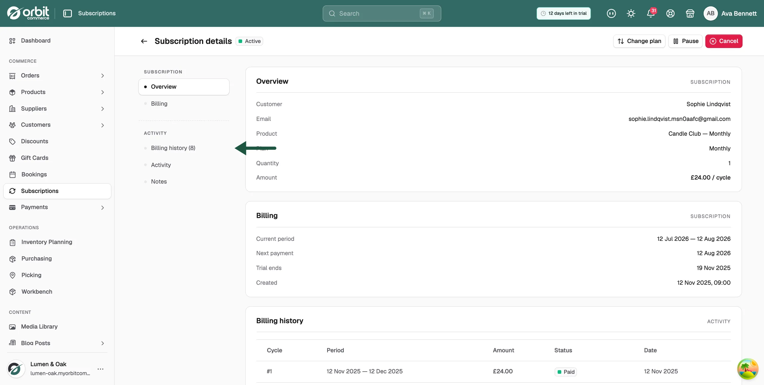 The Activity timeline on a subscription, listing dated events with the newest at the top