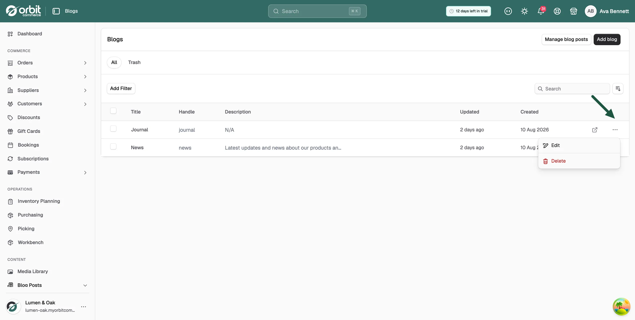 The three-dot row menu on the Blogs page, with the Edit option