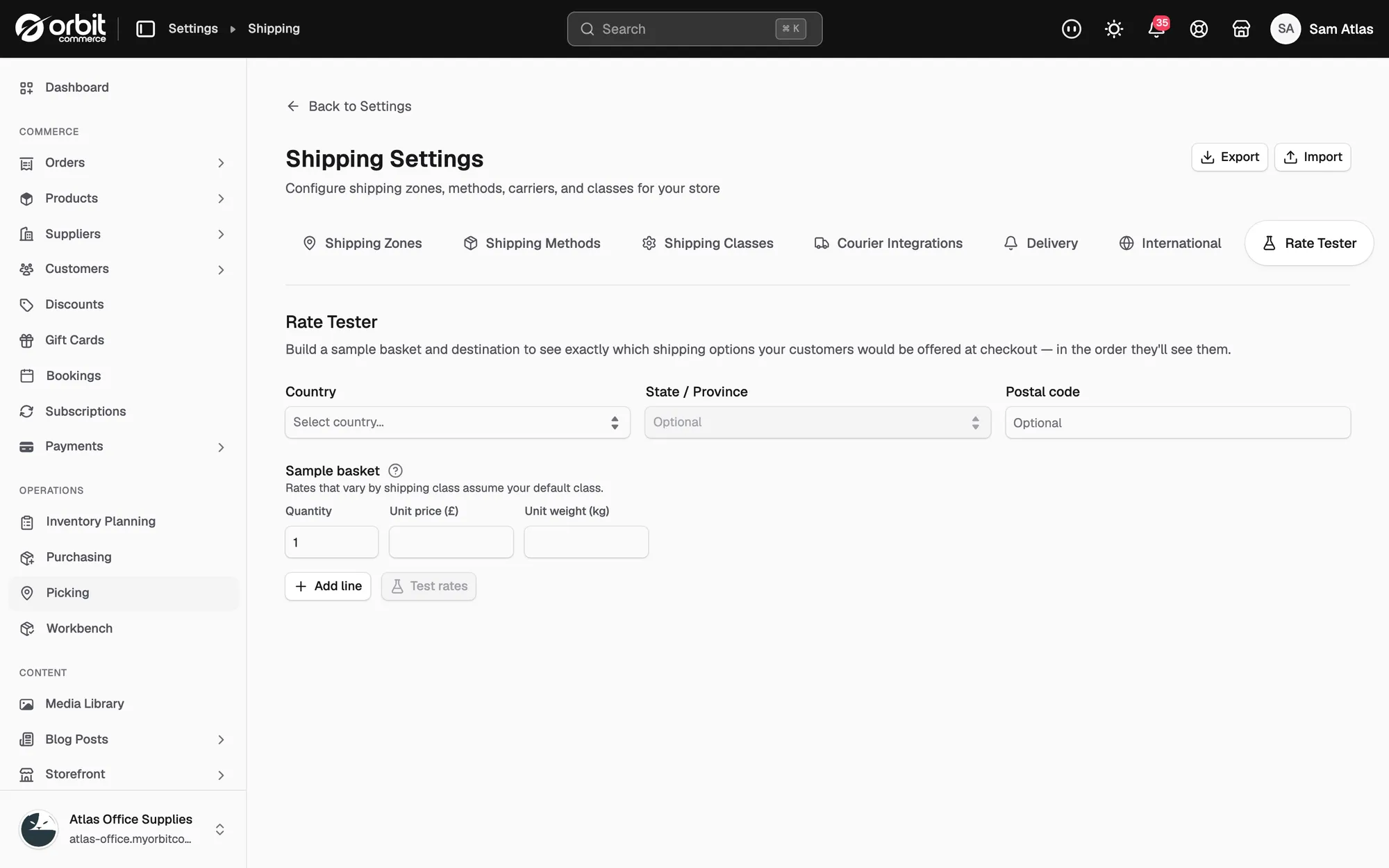 The Rate Tester tab, where you enter an address and a sample basket to see what a customer would be offered.