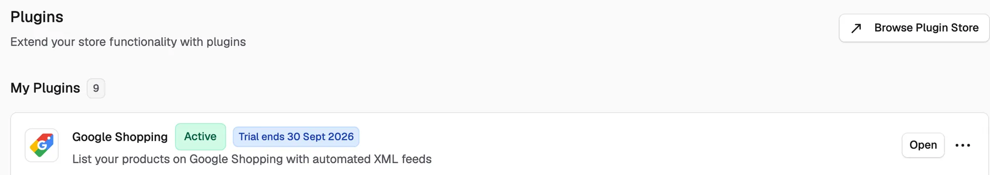 The Google Shopping plugin listed under My Plugins on the Plugins page, with an Open button.