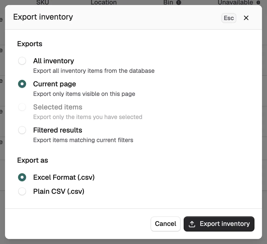 The Export inventory window with the range and file format choices.