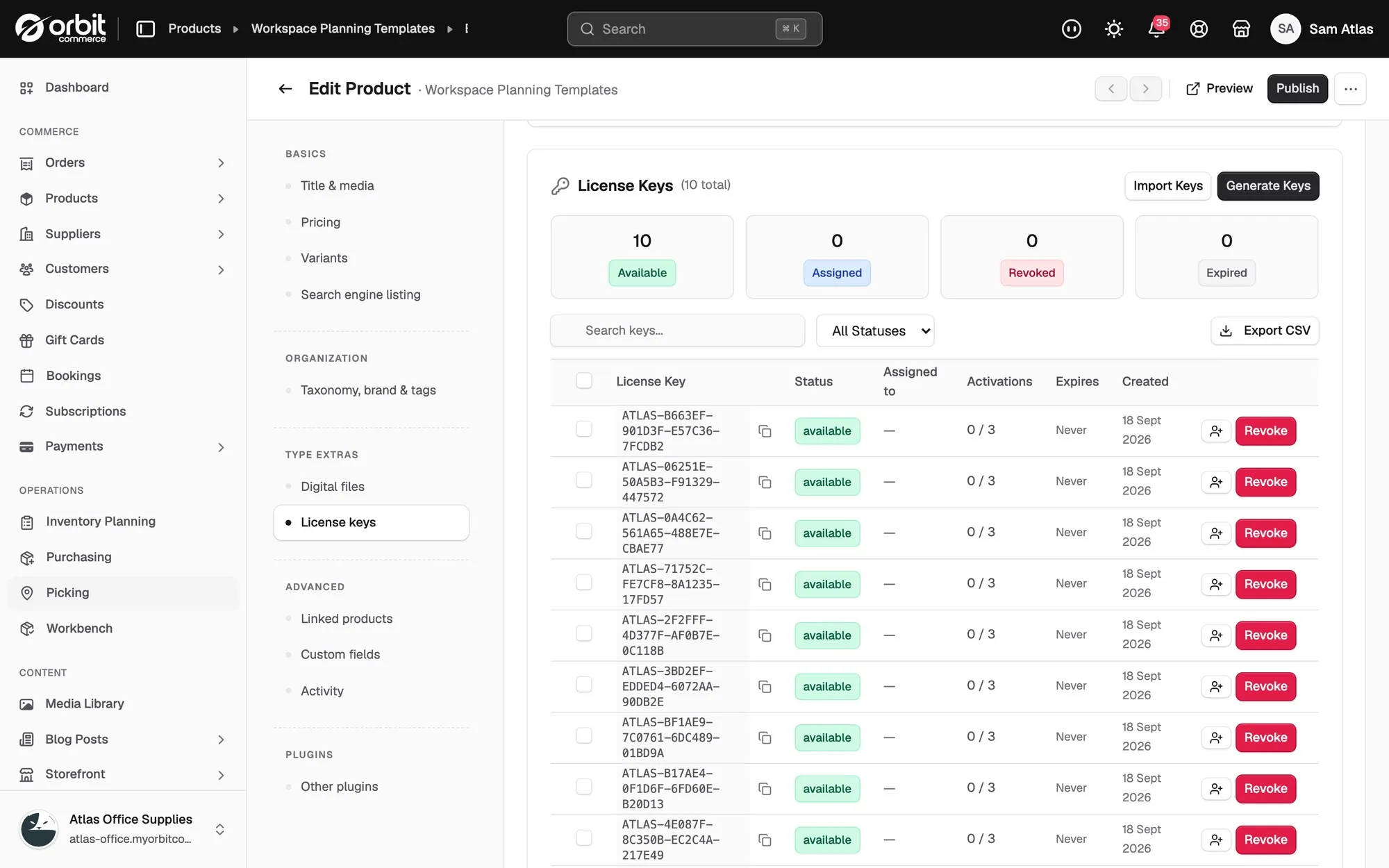 The License keys section with ten available keys listed under the four status counts.