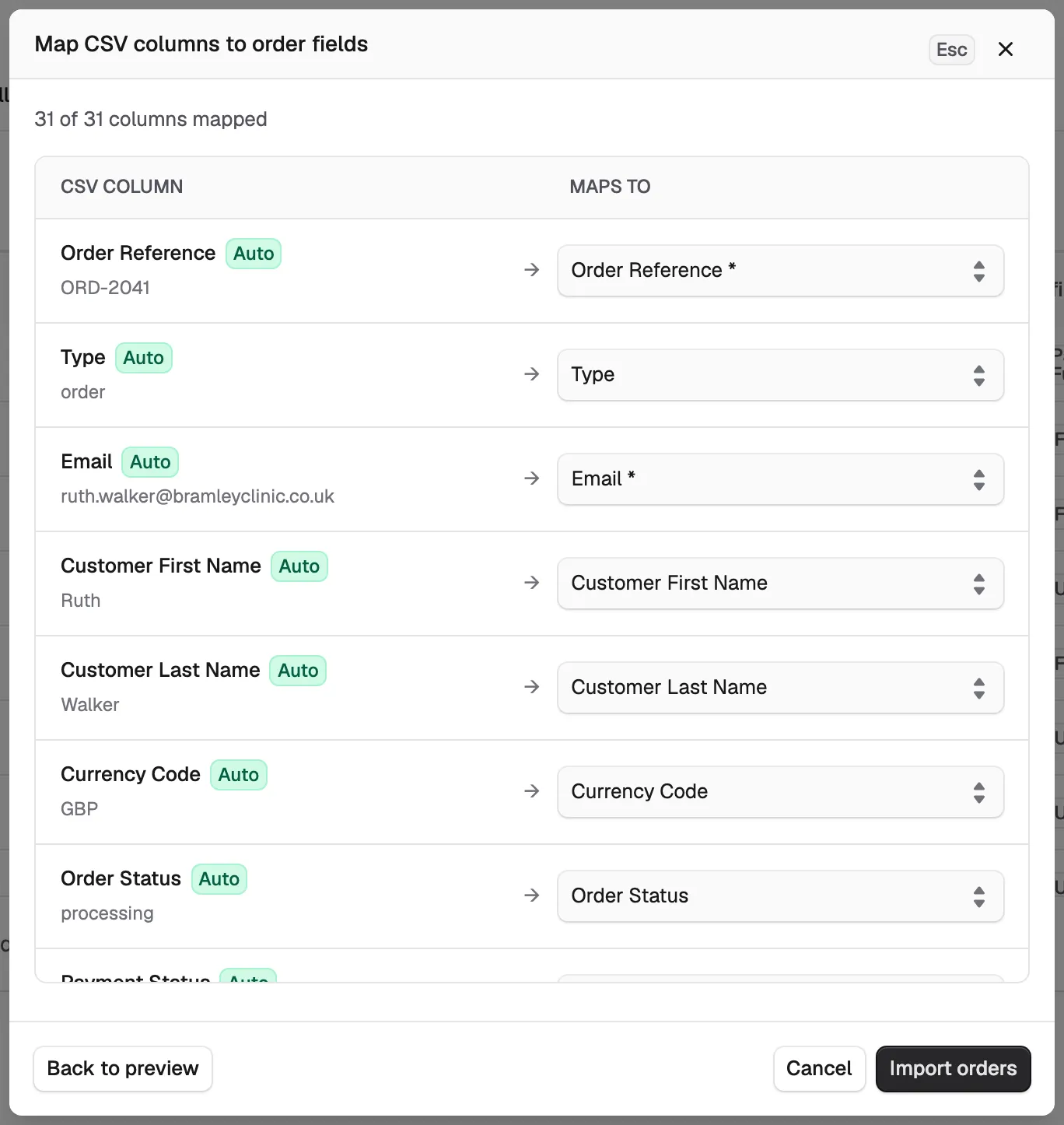The Map CSV columns to order fields screen with each column matched to an Orbit field.