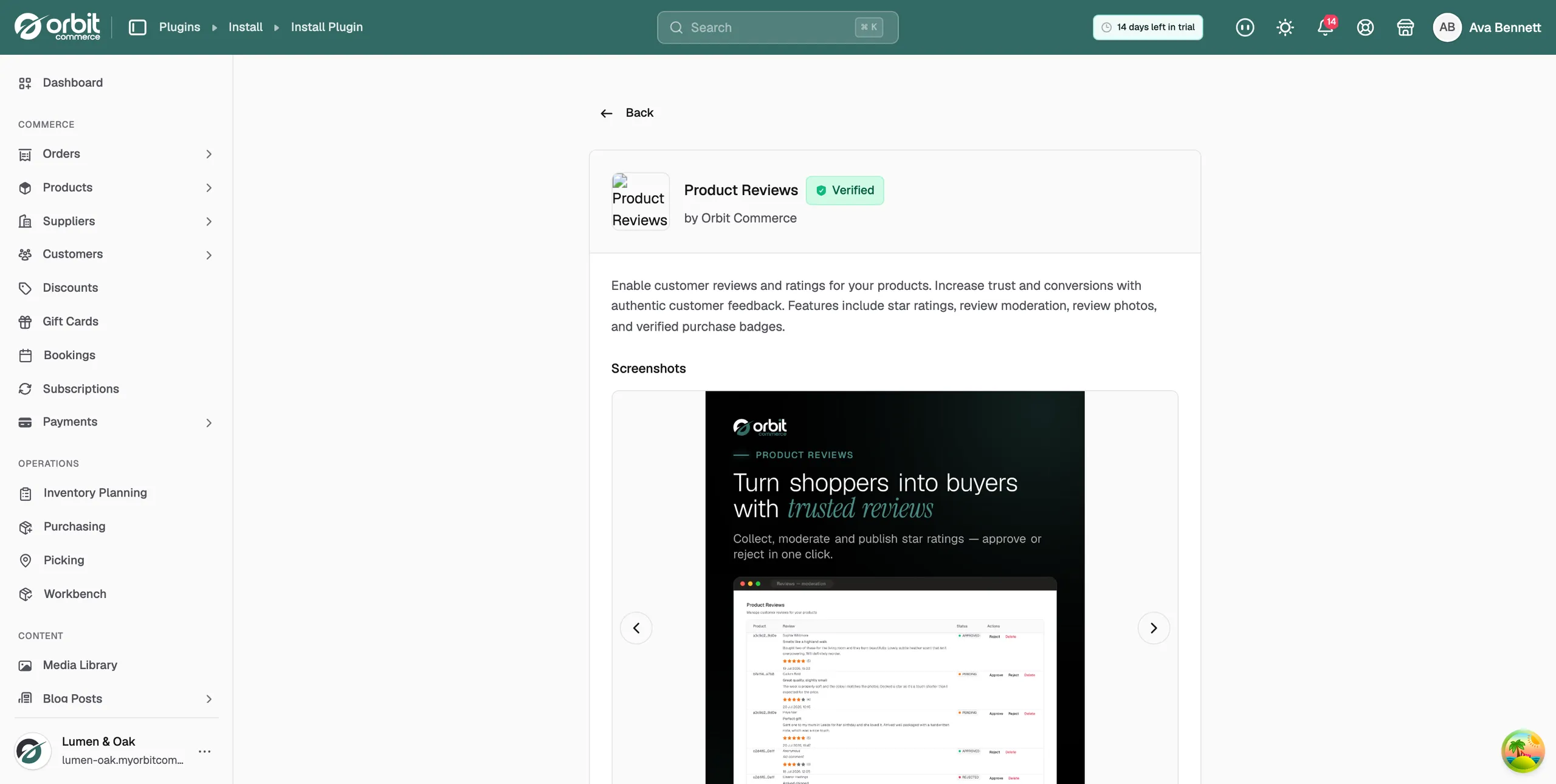 The plugin details page, showing the permissions the plugin will have access to and its pricing