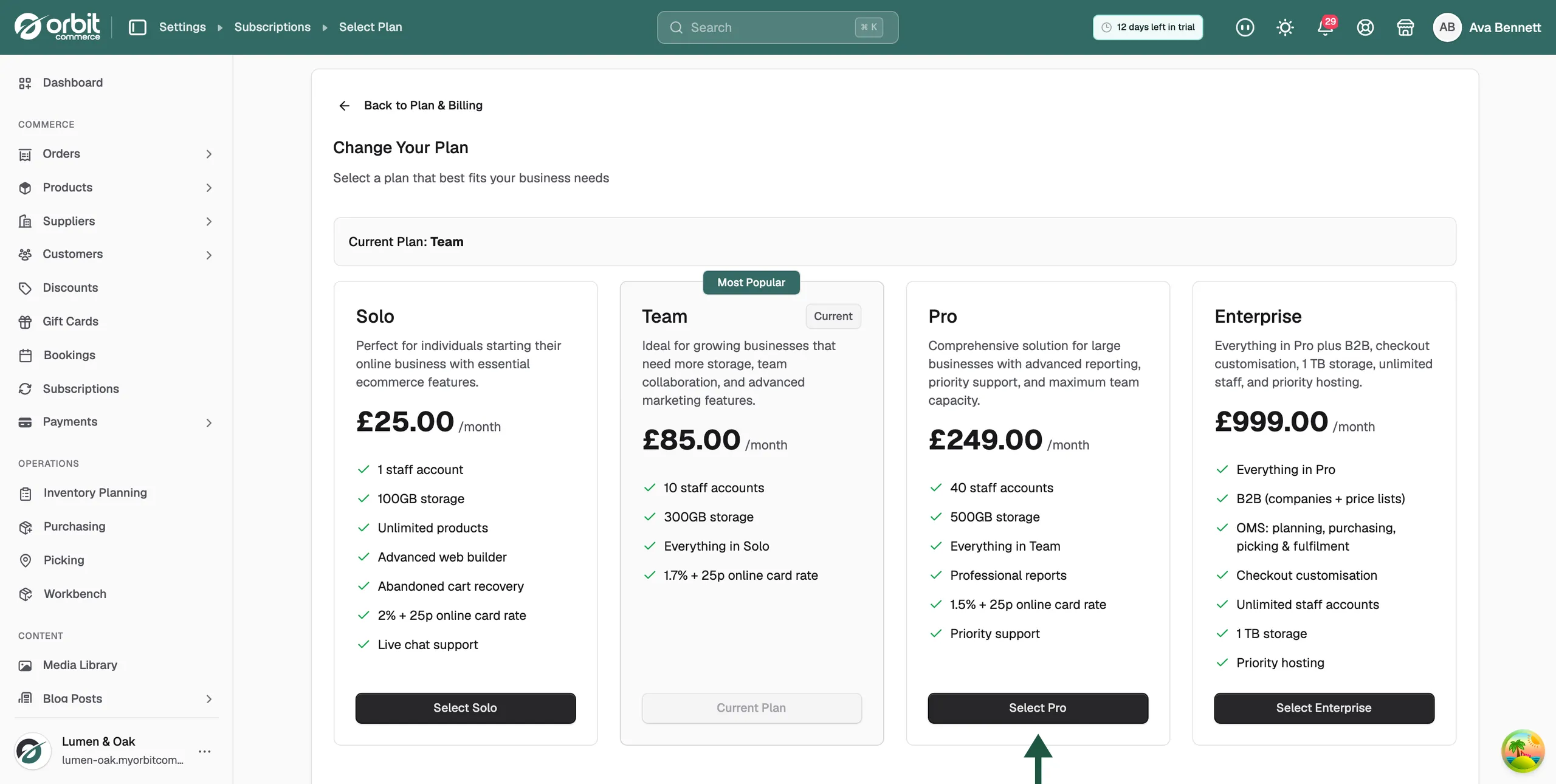 The Change Your Plan page, with a card for each plan and the current plan marked