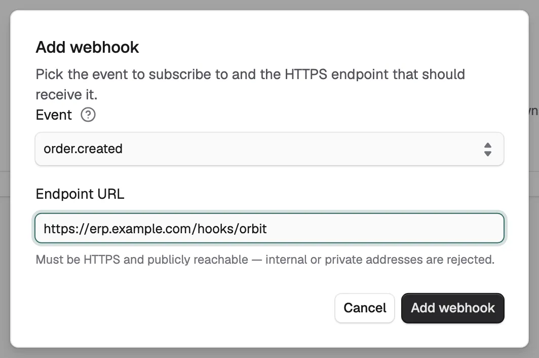 The Add webhook dialog with order.created chosen and an HTTPS endpoint address typed in.