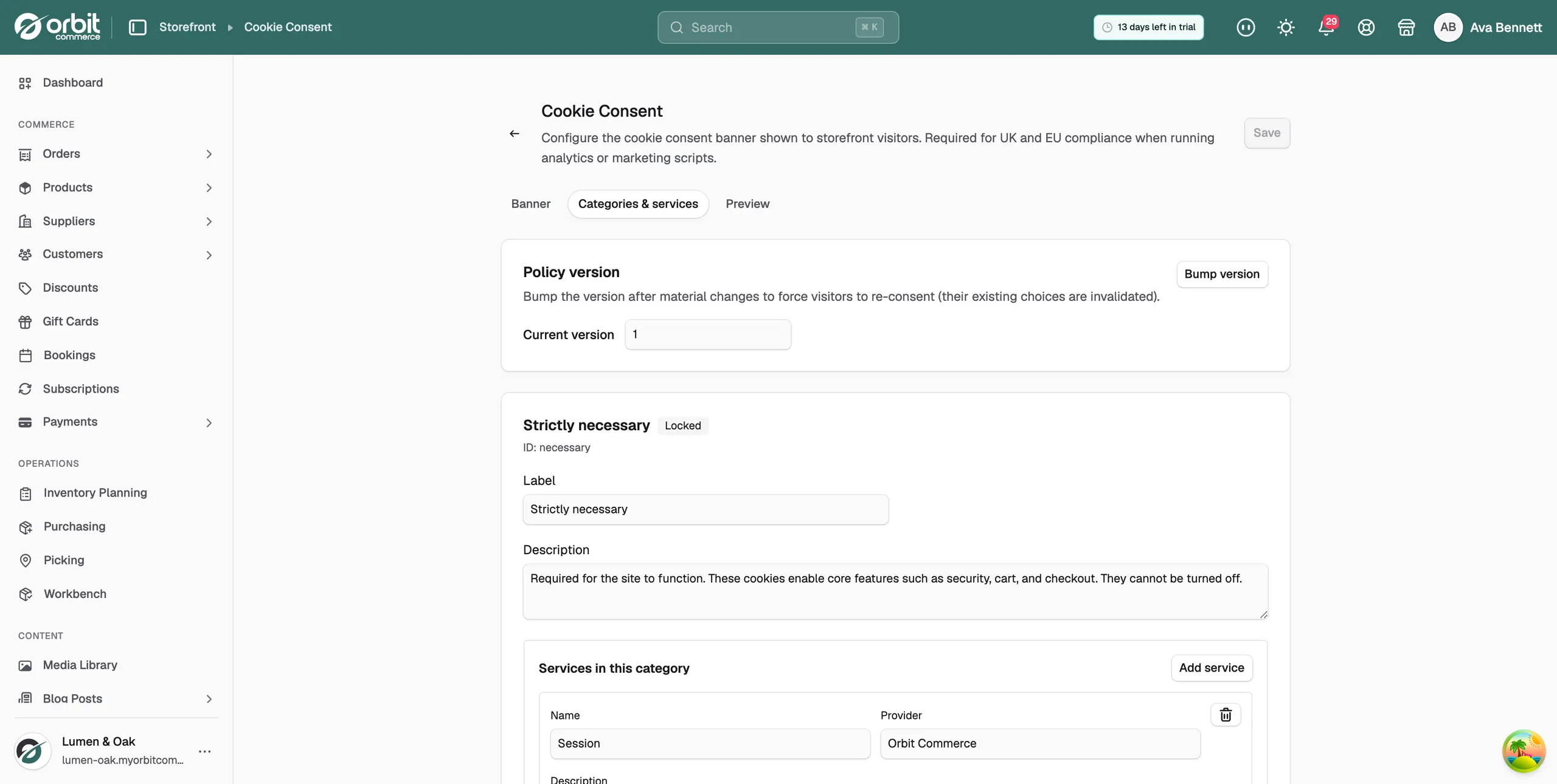 The Categories and services tab, showing the Policy version card and the locked Strictly necessary category with a service listed