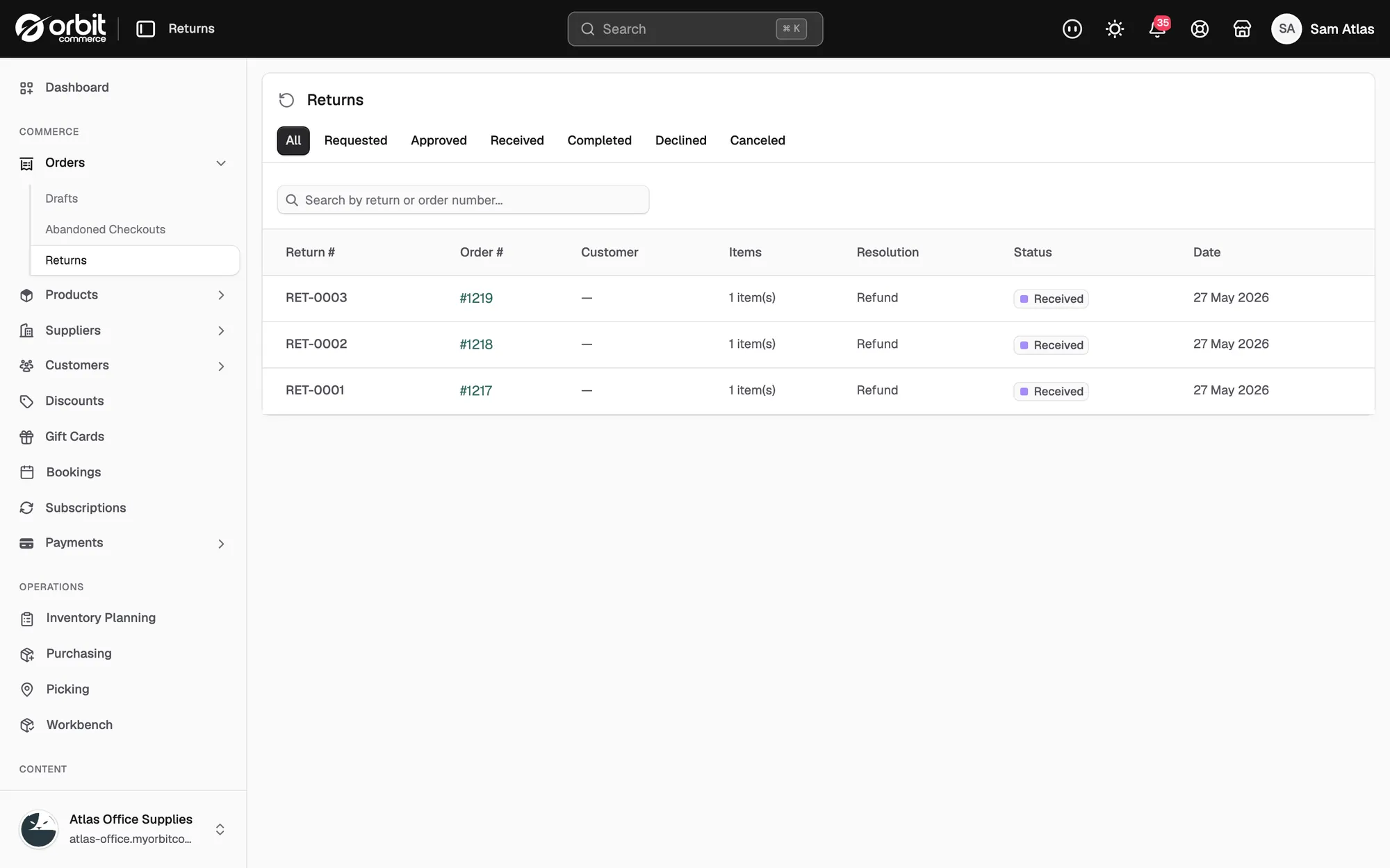 The Returns page under Orders, with a tab for each status and one row per return.