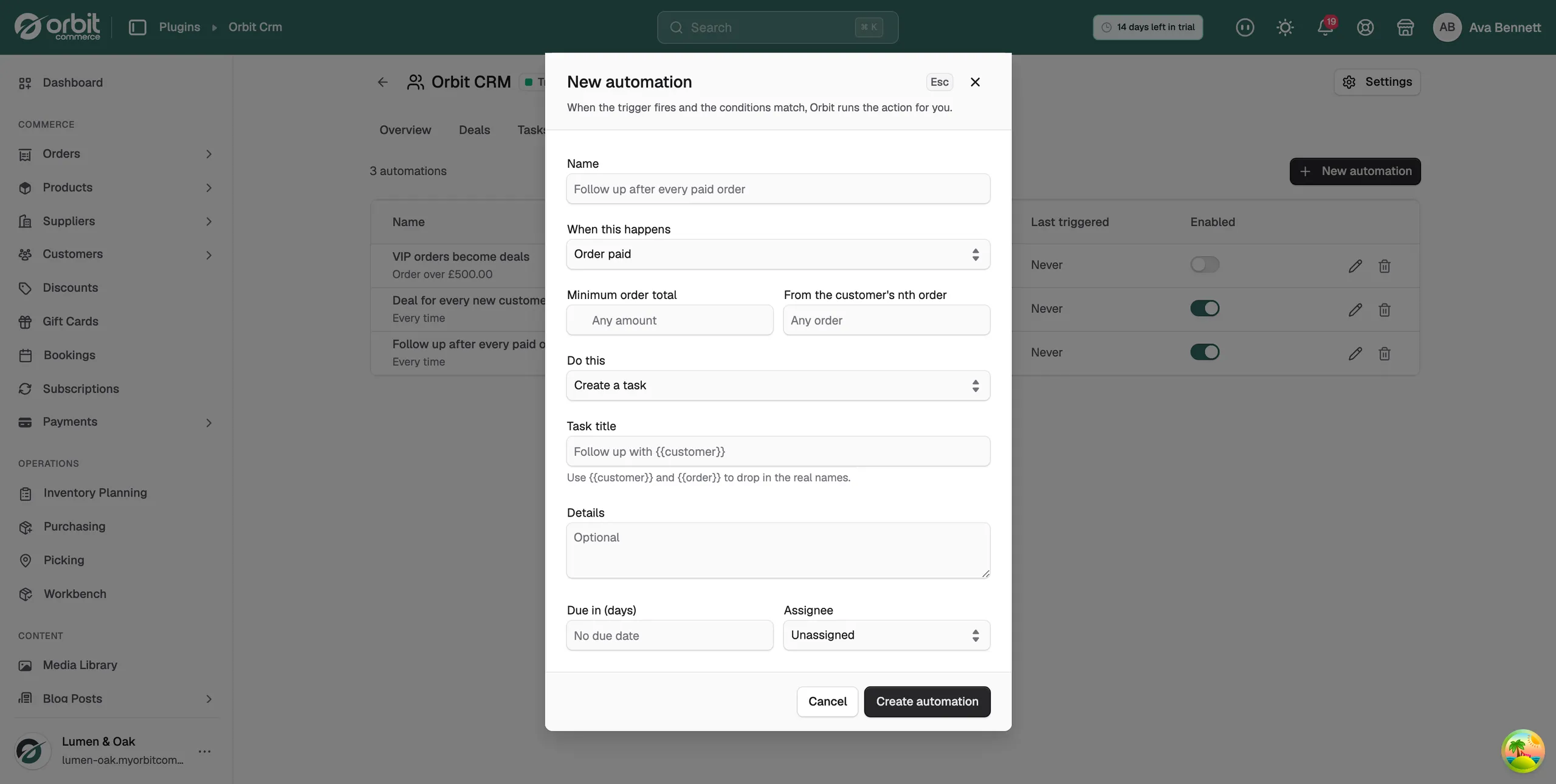 The New automation form with the Name, When this happens and Do this sections