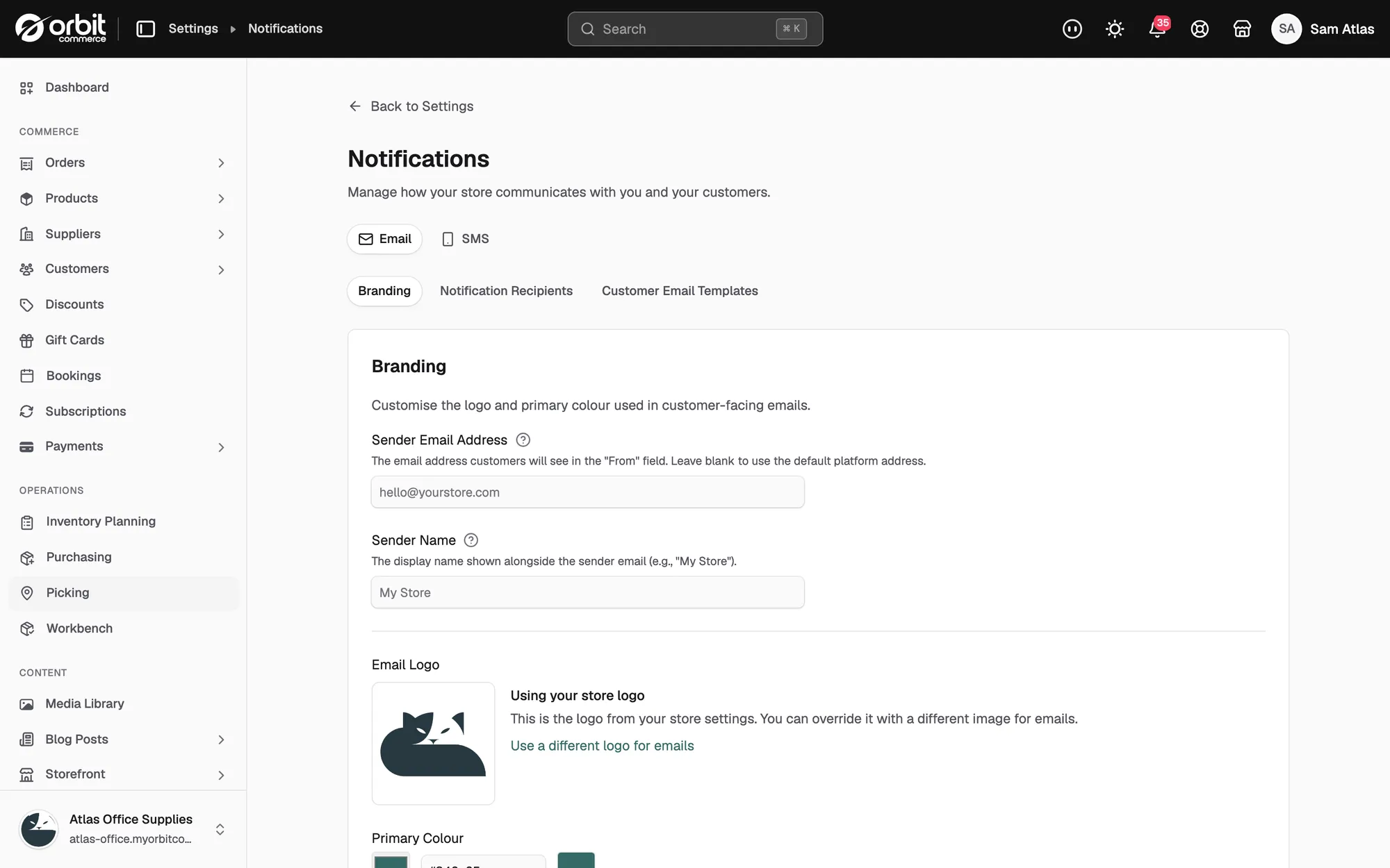 The Branding tab under Settings, then Notifications, showing the Sender Email Address field.