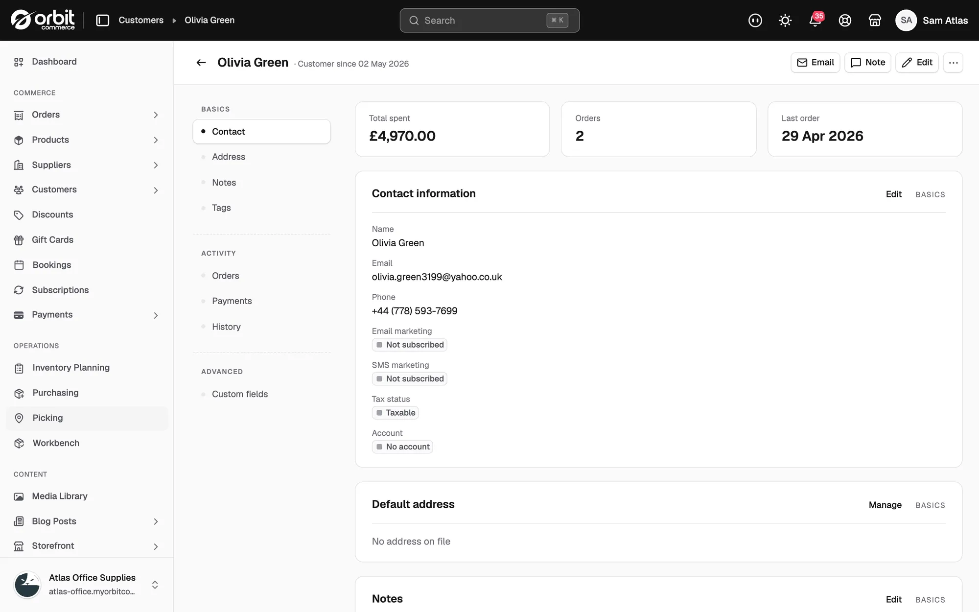 A customer record in your dashboard showing their total spend, orders and contact details.