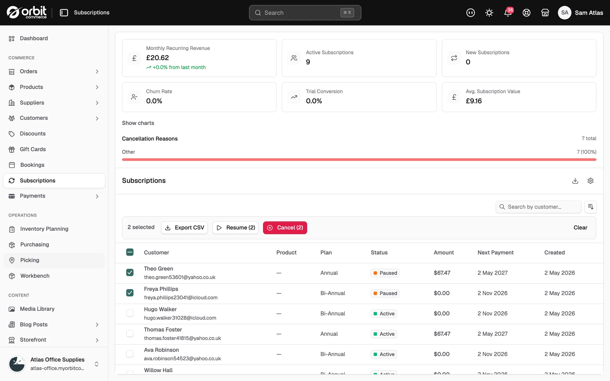 The Subscriptions list with two rows ticked and the Export CSV button in the bar above them.