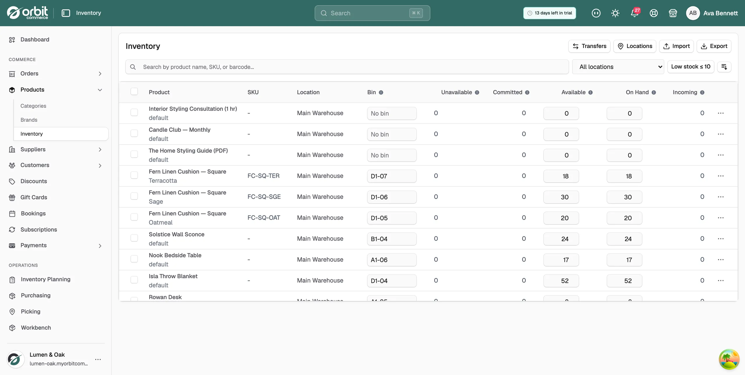 The Inventory page, with the search box, the All locations menu, the Low stock filter and a table of products with their stock at each location