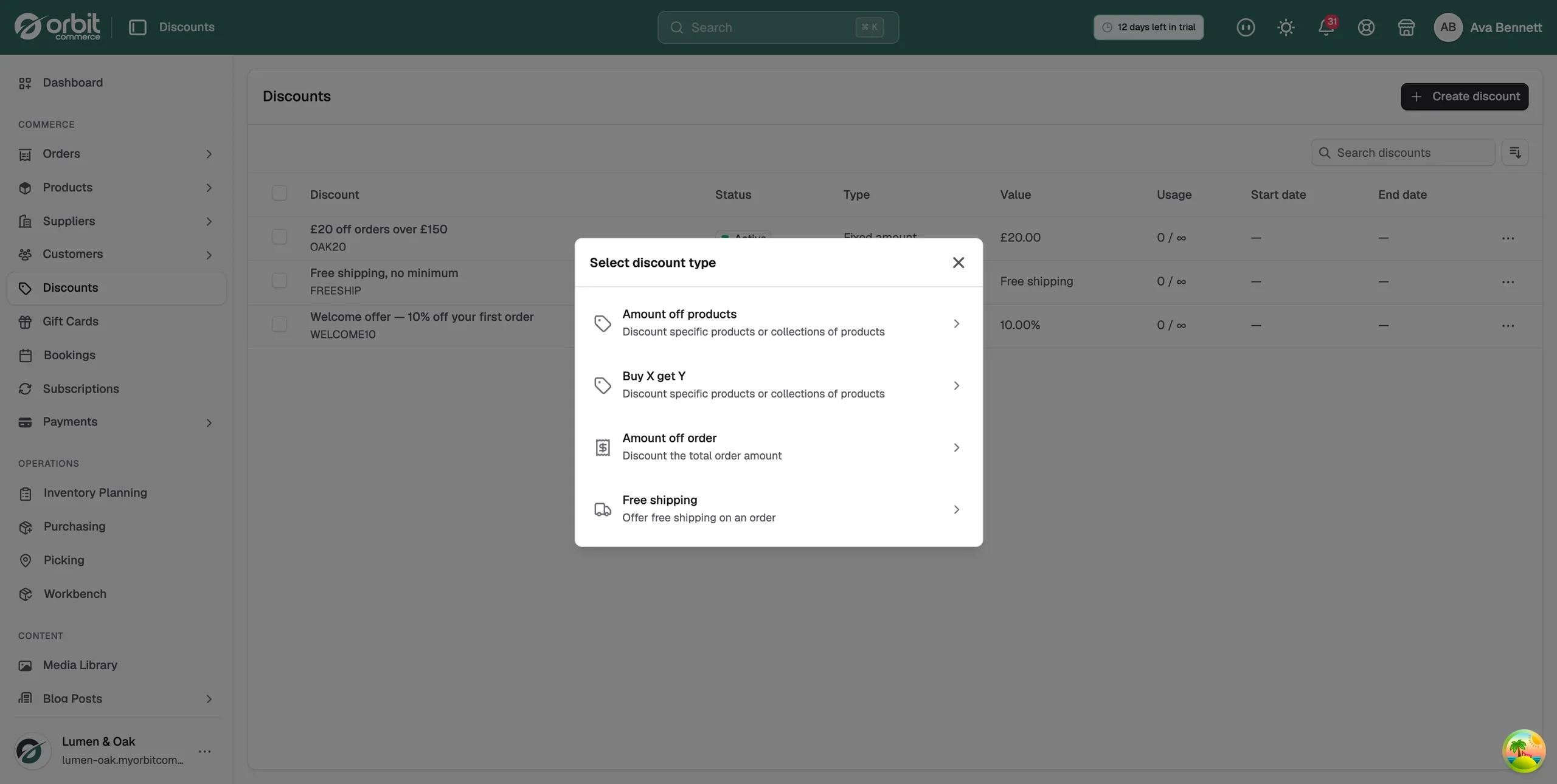 The Select discount type window, listing Amount off products, Buy X get Y, Amount off order and Free shipping