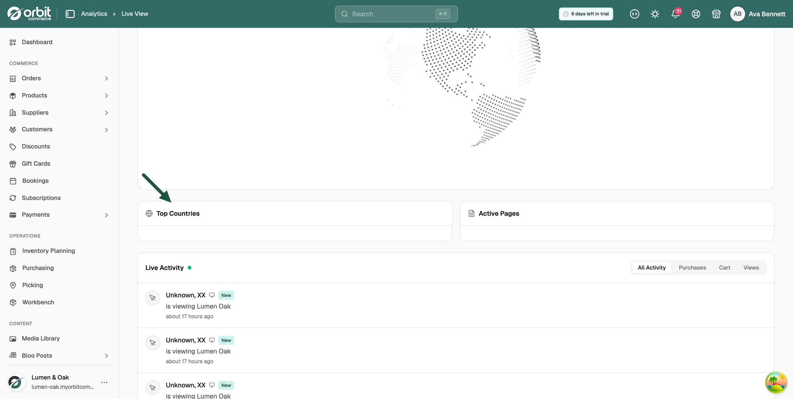The Top Countries and Active Pages lists below the globe on the Live View page