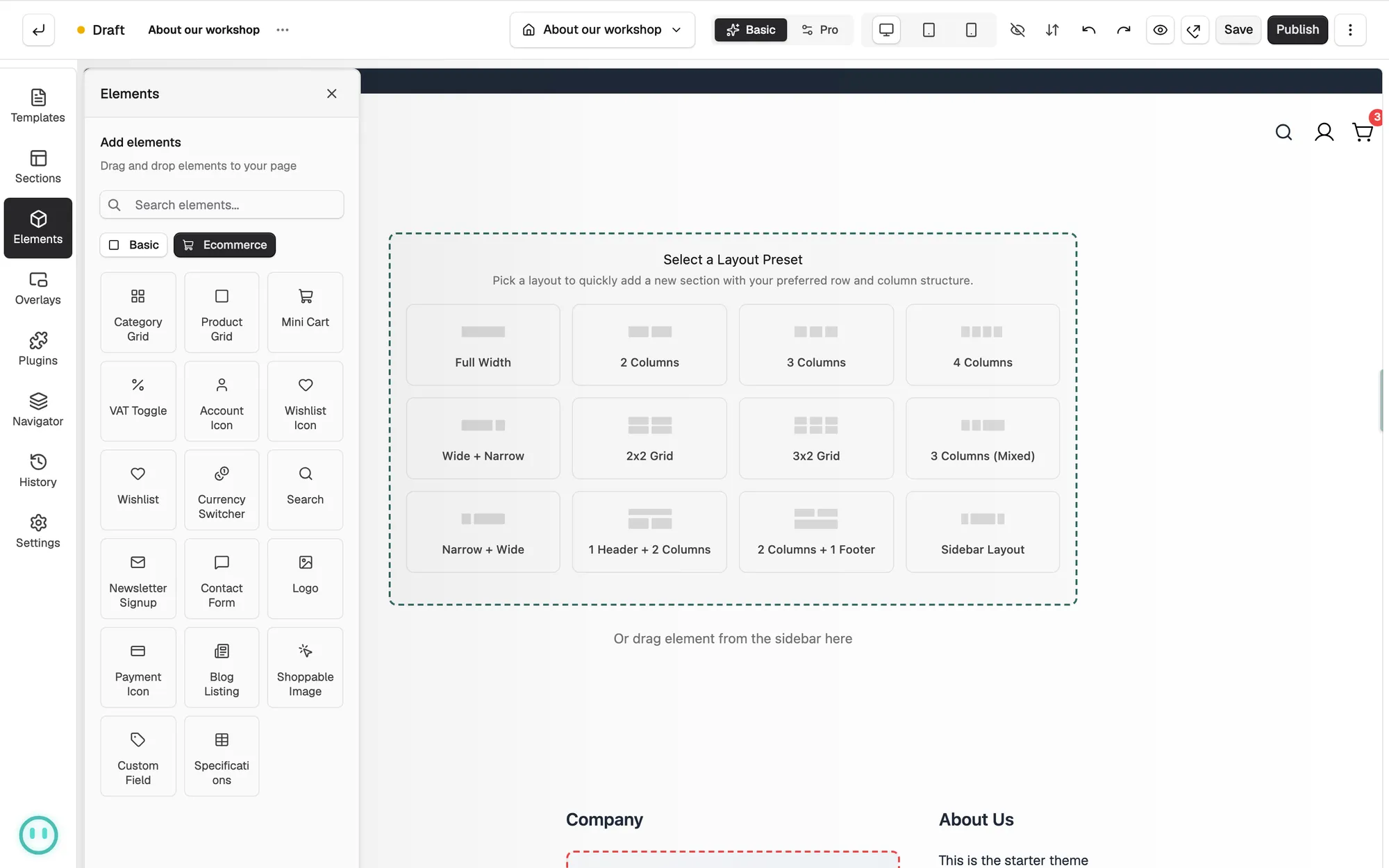The Ecommerce group of the page builder elements panel, with the Wishlist Icon and Wishlist elements.