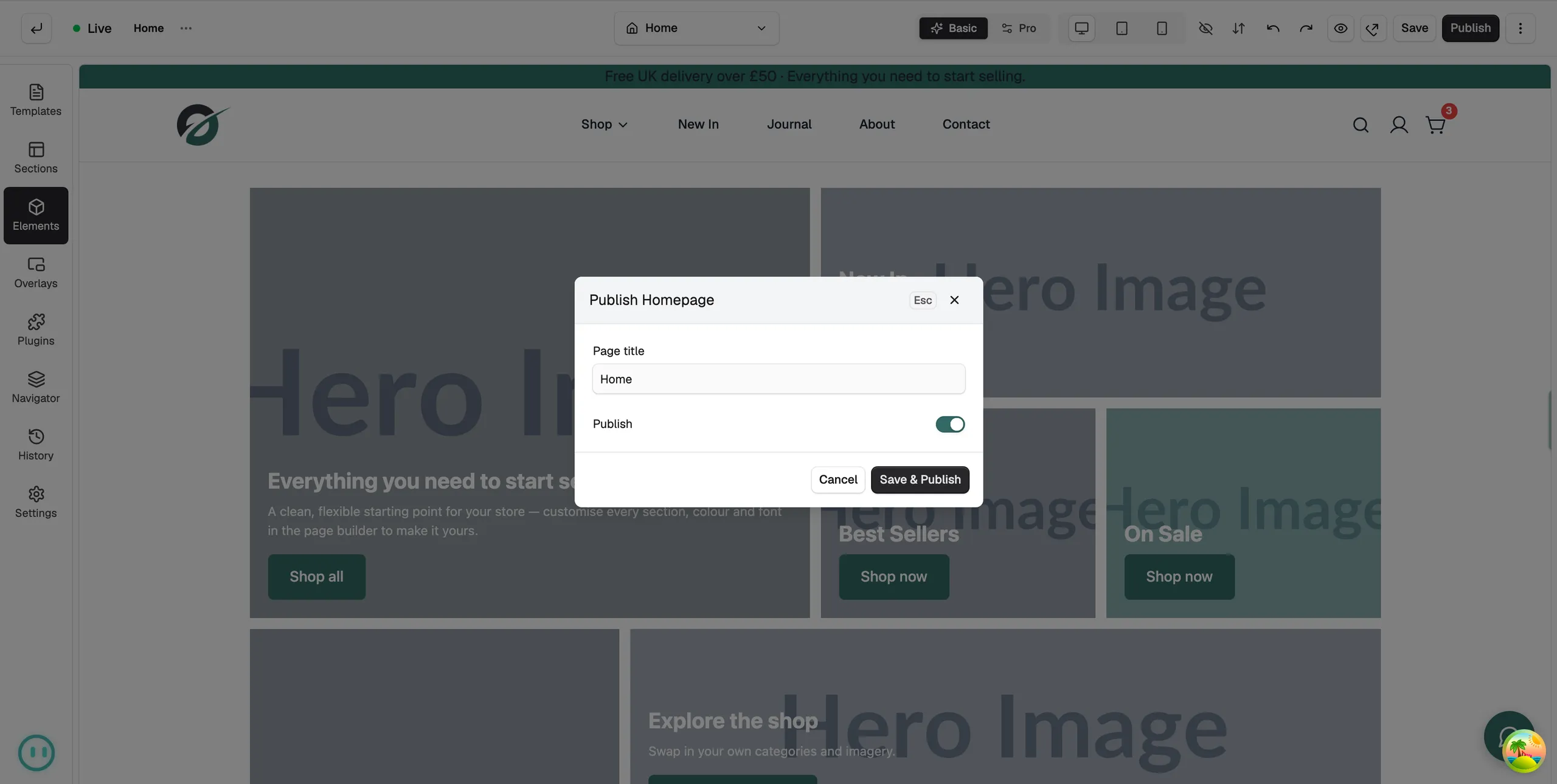 The Publish Homepage box with the Page title field, the Publish switch turned on, and the Cancel and Save and Publish buttons